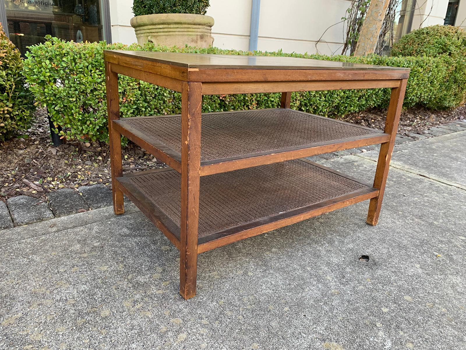 Mid-20th Century Paul McCobb Three-Tier Table, Leather Top, Cane Shelves, Marked In Good Condition For Sale In Atlanta, GA