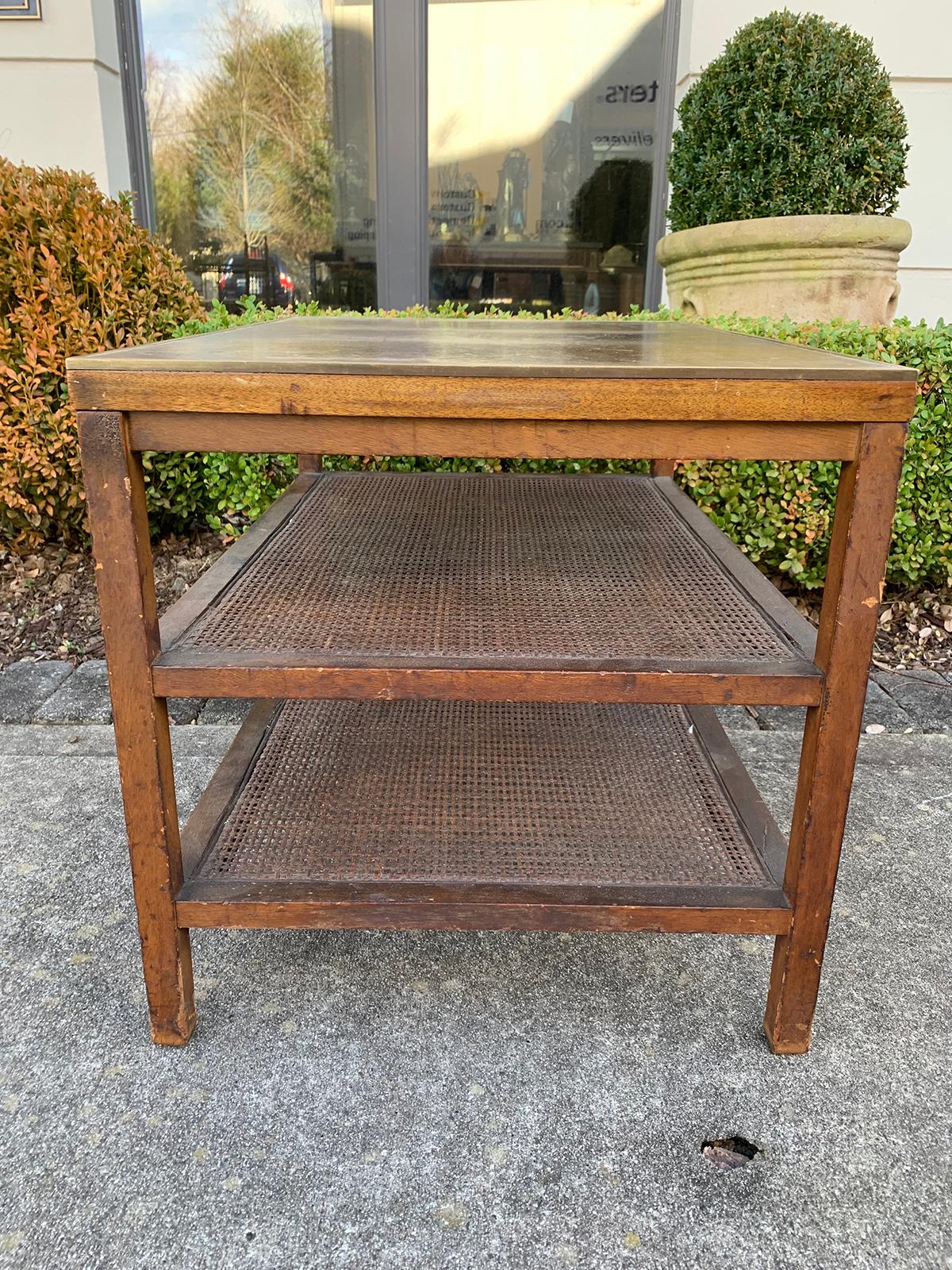 Mid-20th Century Paul McCobb Three-Tier Table, Leather Top, Cane Shelves, Marked For Sale 2