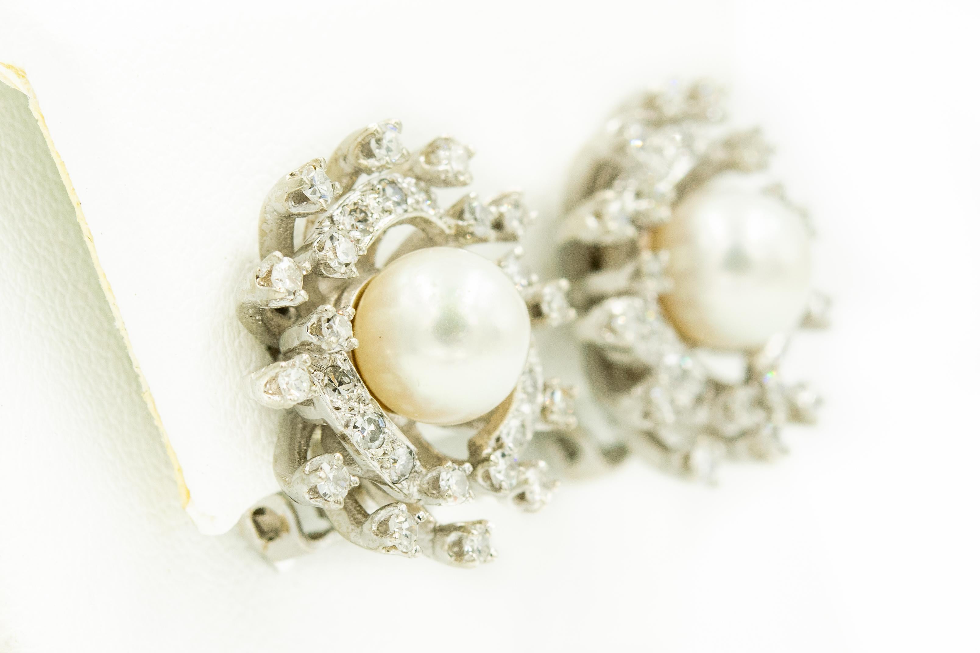 Bead Mid-20th Century Pearl Diamond White Gold Cluster Clip Earrings