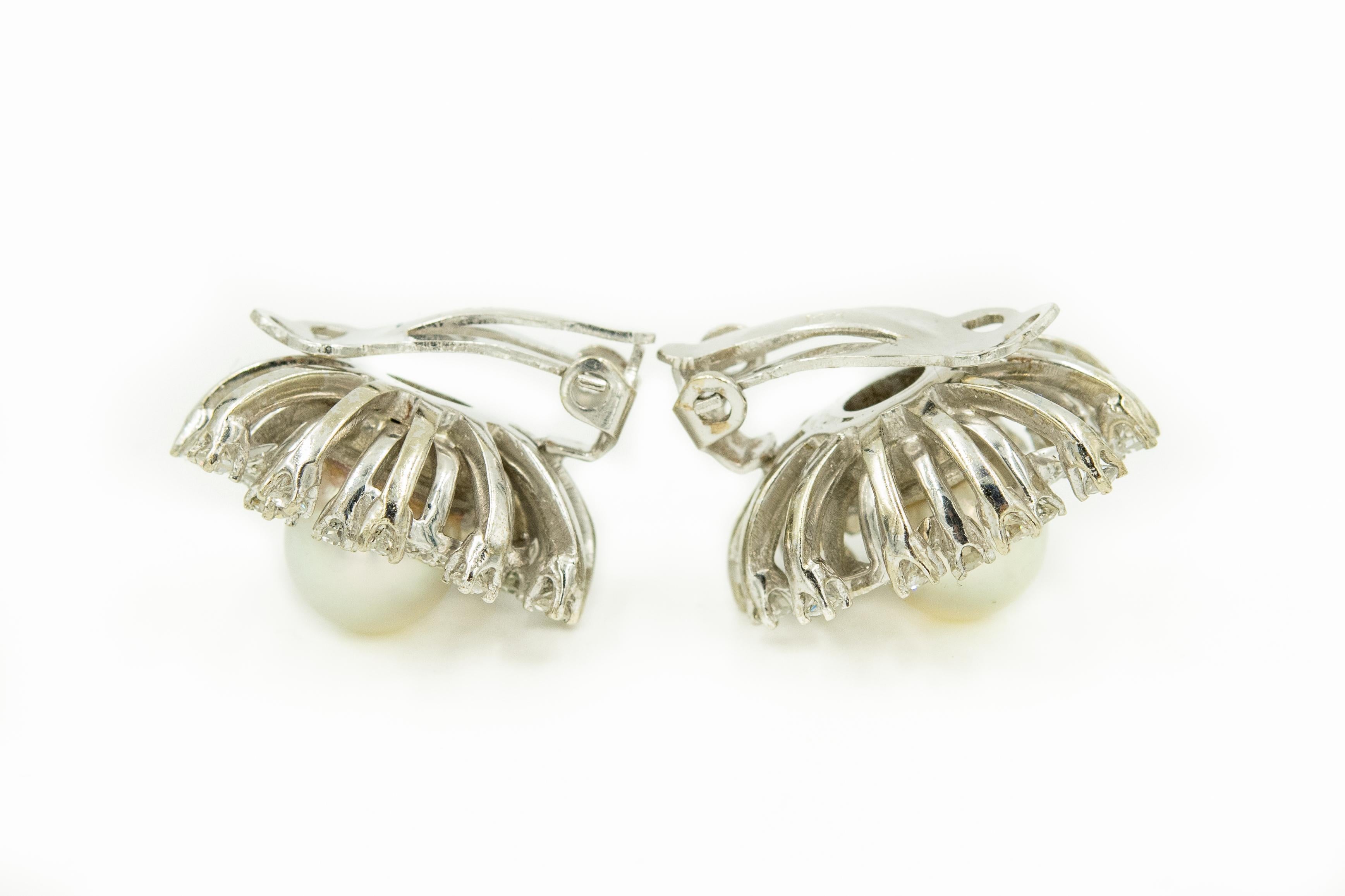 Women's Mid-20th Century Pearl Diamond White Gold Cluster Clip Earrings