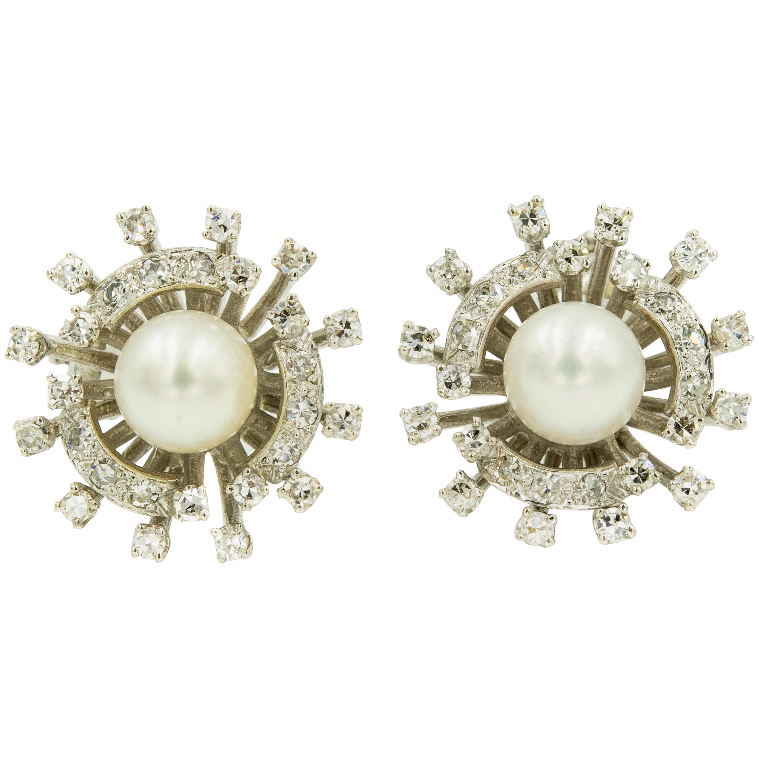 Mid-20th Century Pearl Diamond White Gold Cluster Clip Earrings