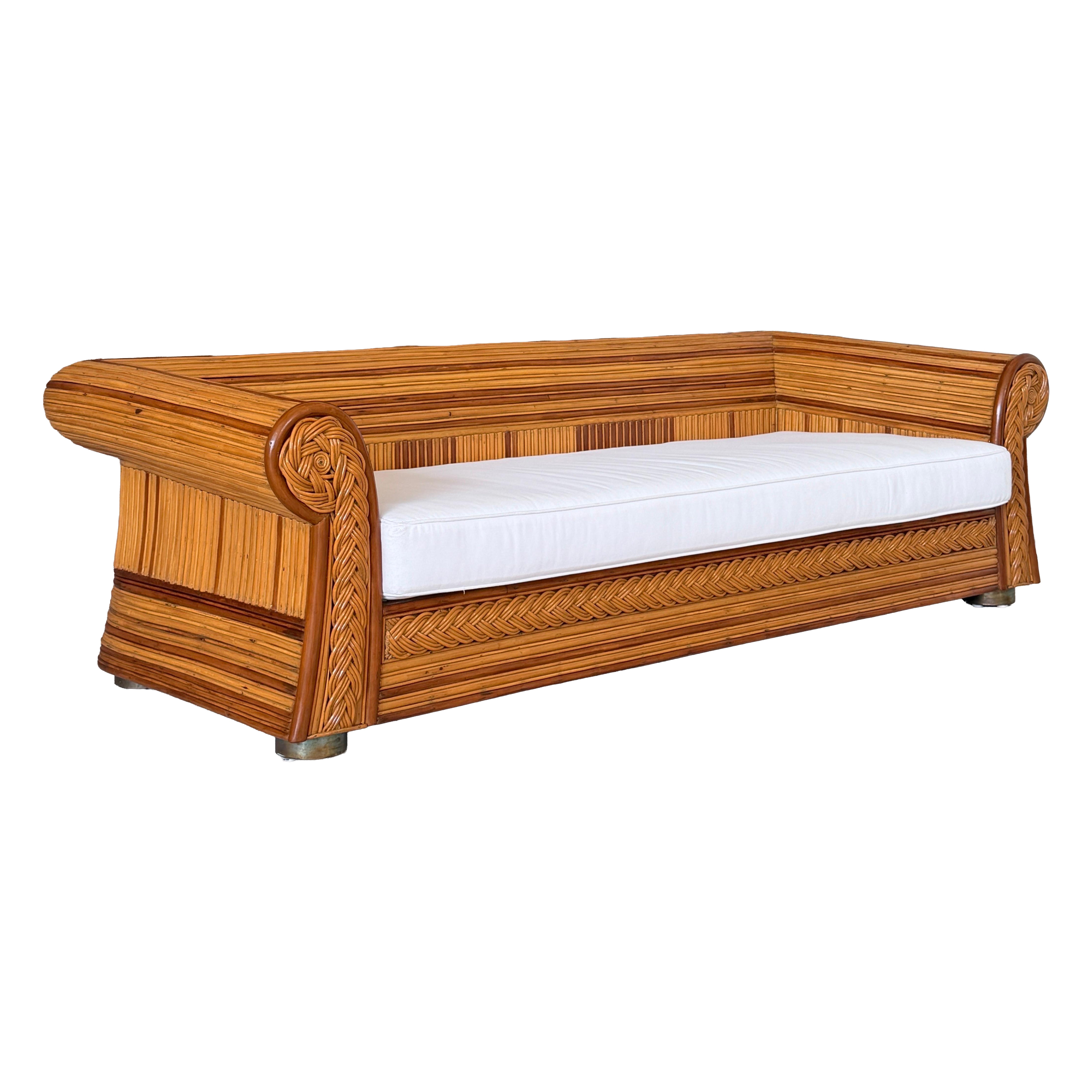 Mid-20th Century Pencil Reed Rattan Sofa-Sculptural Rolled Arms & Brass Feet