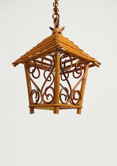 Mid 20th Century Pendant Light Lantern hand crafted in Bamboo Cane & Rattan, 60s