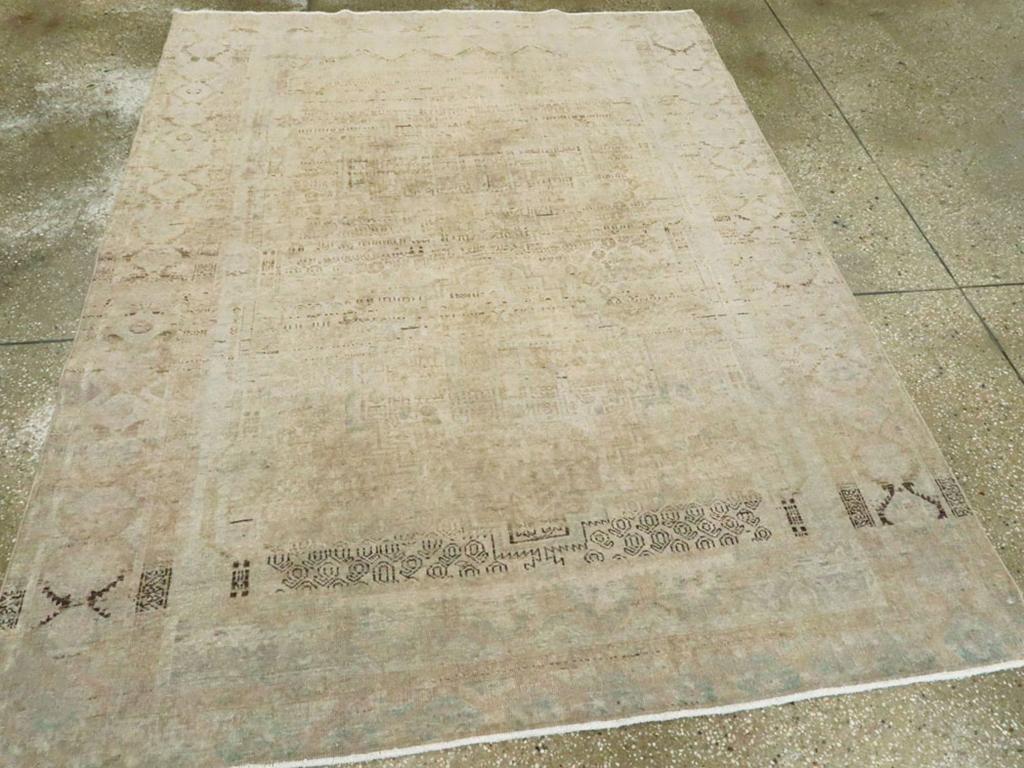 Una alfombra persa Afshar vintage. La tonalidad es clara -exceptuando la franja marrón abrash- en esta dispersión tribal persa SE con su paleta básicamente tono sobre tono que presenta detalles en cáscara de huevo, beige y marrón medio en el clásico