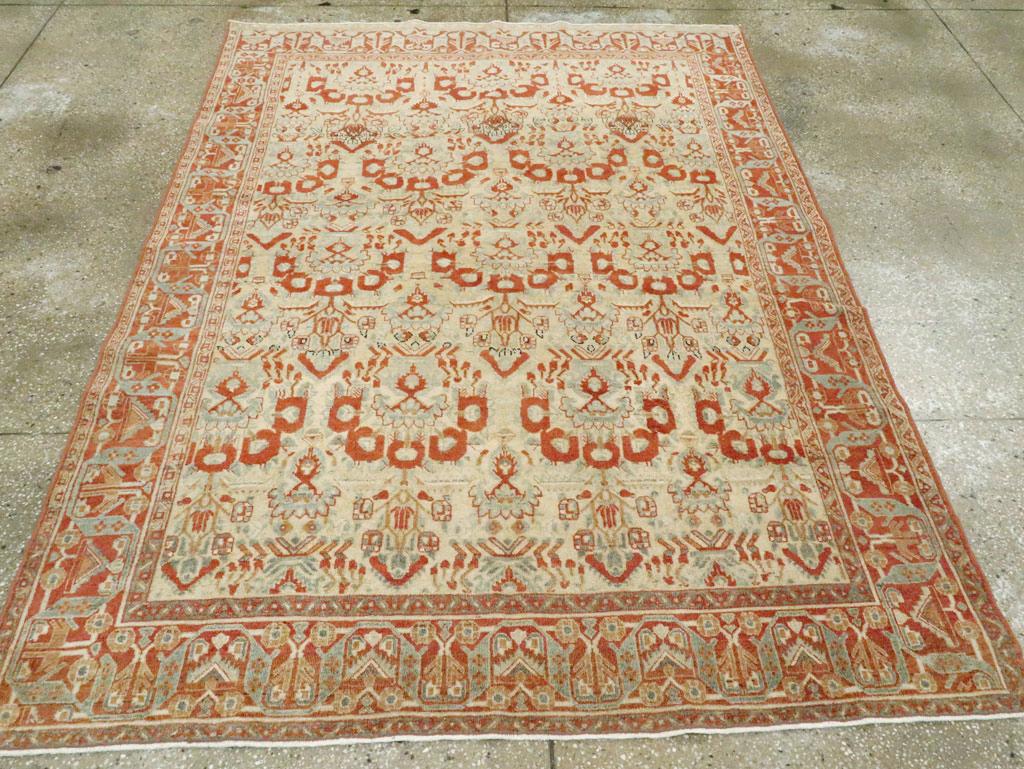 A vintage Persian Afshar accent rug. The straw field displays four rows of vases with peacock tail flower arrangements as well as other urns, detailed in dark red-brown and light blue-grey. The sienna brown border of this most unusual SE Persian
