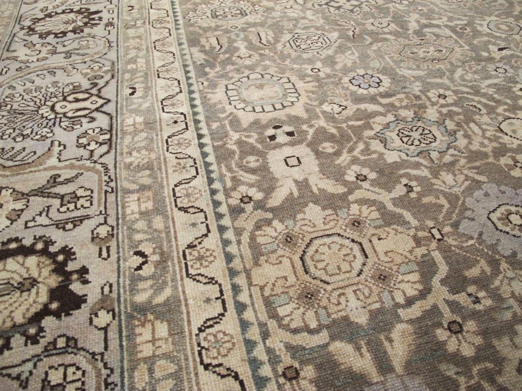 Wool Mid-20th Century Persian Malayer Square Room Size Carpet In Khaki and Purple For Sale