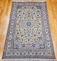 Mid-20th Century Persian Nain Area Rug in Ivory, Blue with Silk Highlights