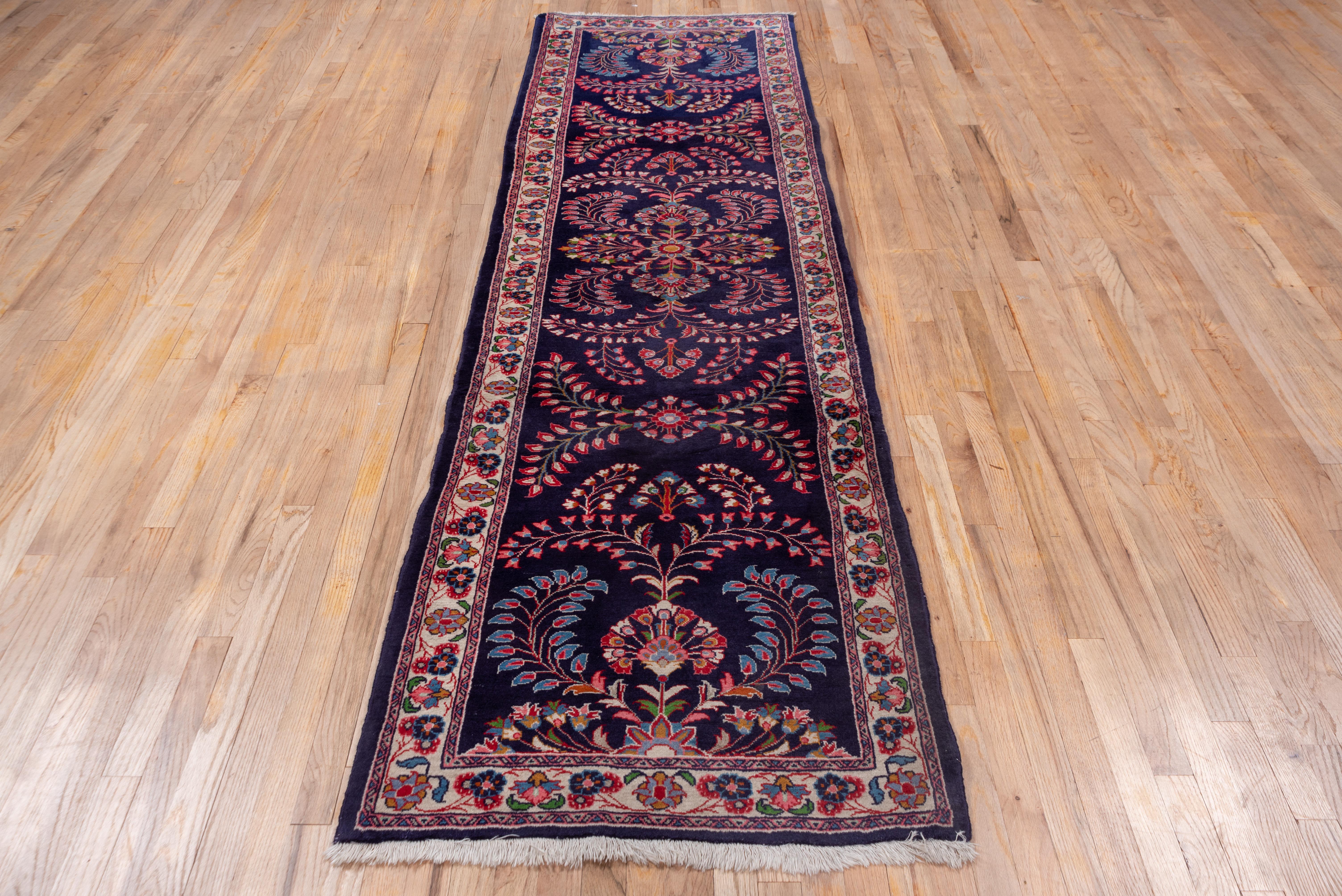 Hand-Knotted Mid-20th Century Persian Sarouk Runner, Navy Field, Red Accents, circa 1950s For Sale
