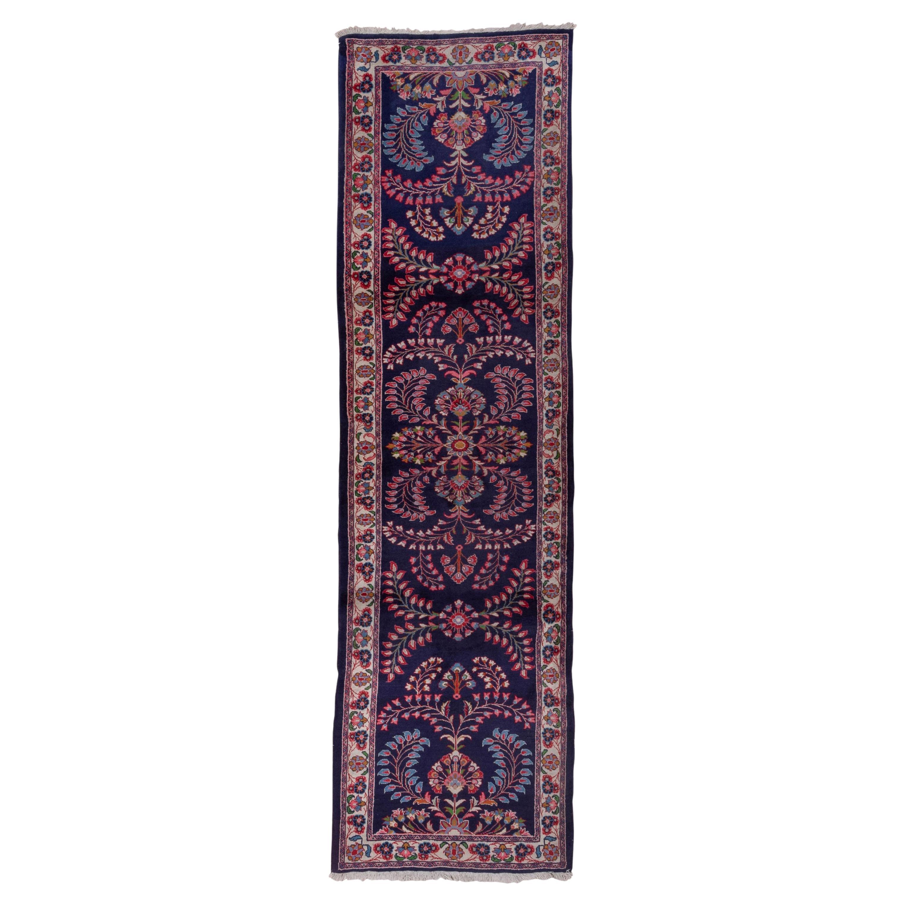 Mid-20th Century Persian Sarouk Runner, Navy Field, Red Accents, circa 1950s For Sale