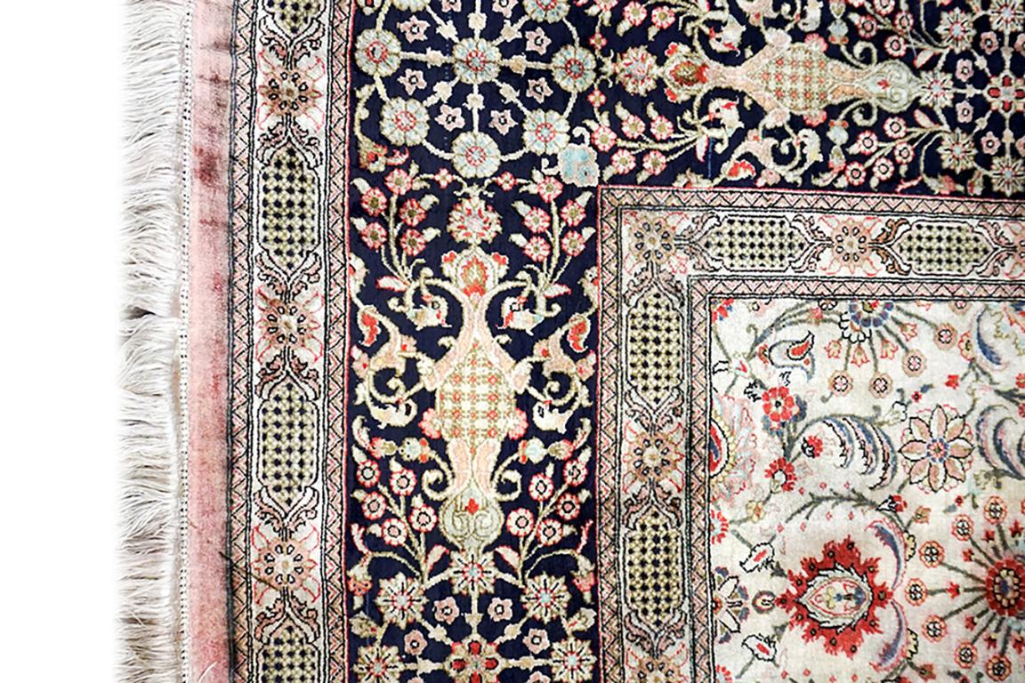 Hand-Knotted Mid-20th Century Persian Silk Qum Carpet 6' 9