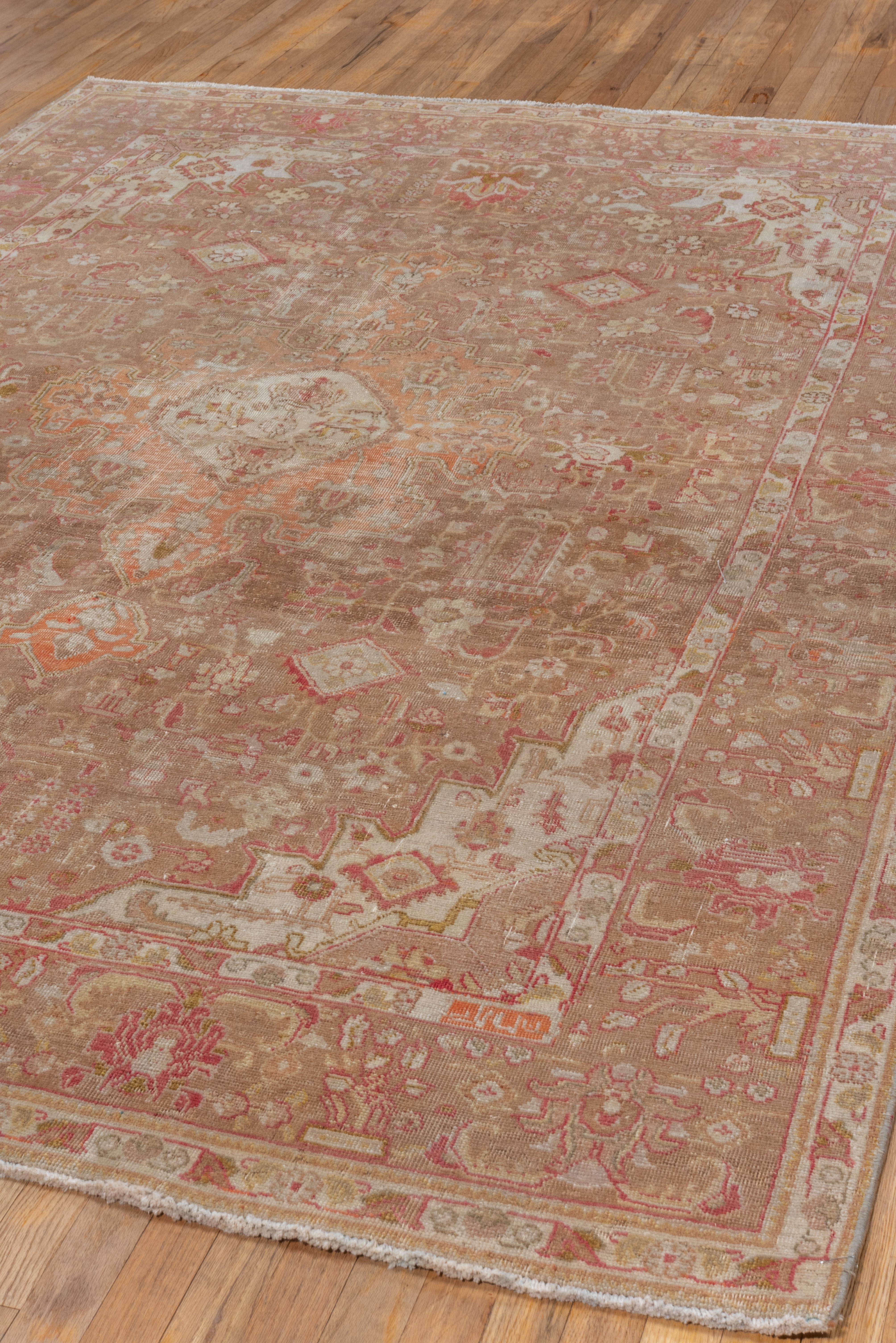 Hand-Knotted Mid 20th Century Persian Tabriz Area Rug Brown, Red and Citron Tones For Sale