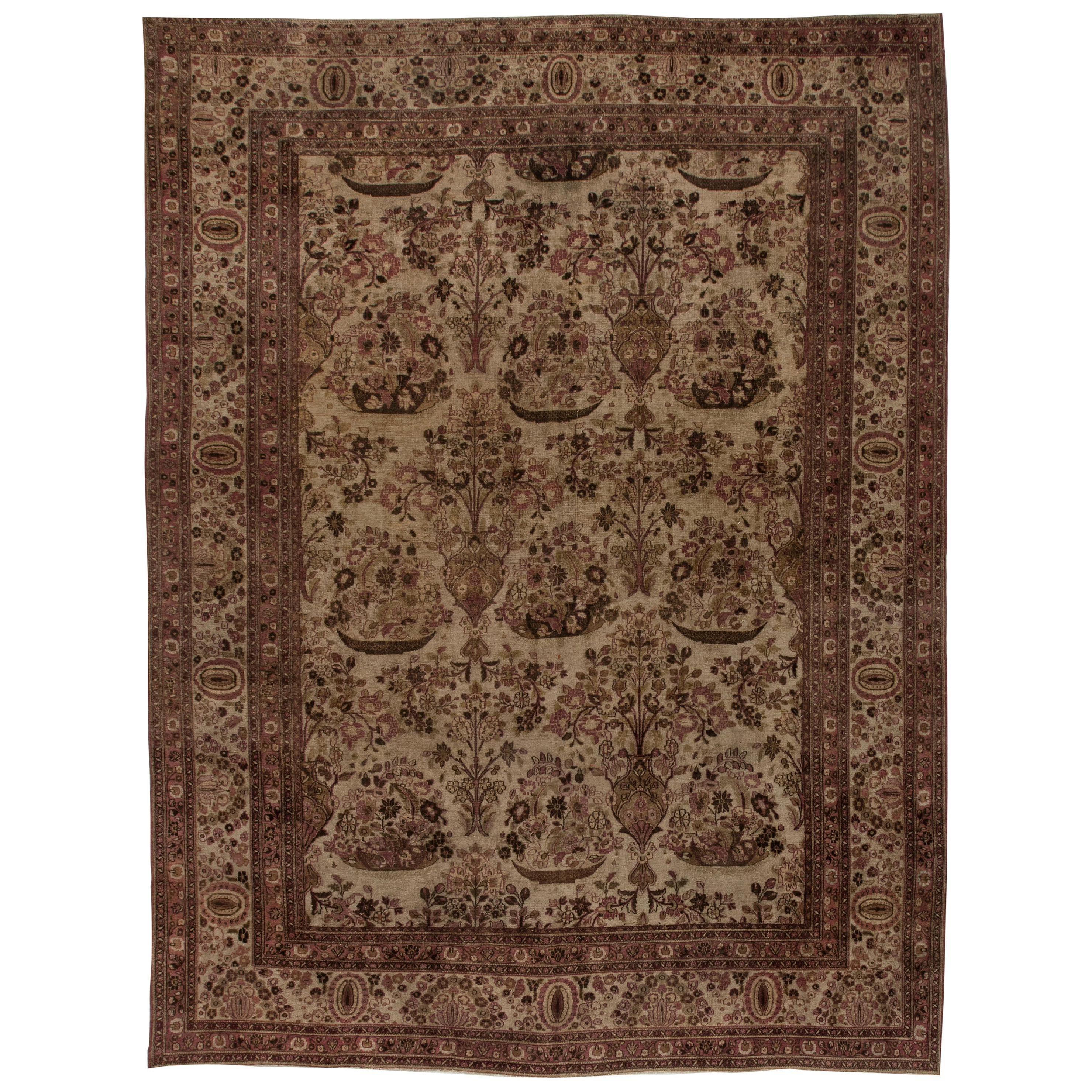 Doris Leslie Blau Tappeto persiano Tabriz beige viola fatto a mano del metà del secolo scorso in vendita