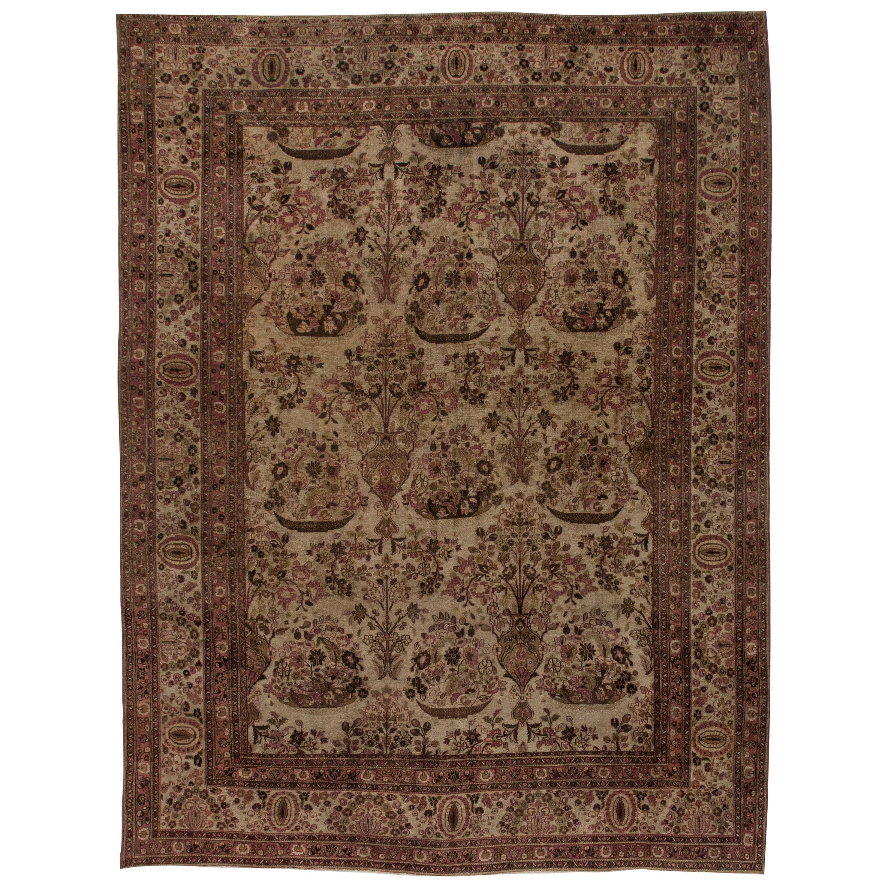 Midcentury Persian Tabriz Beige Purple Handmade Rug For Sale