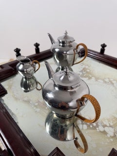 Mid-20th Century Pewter Tea Set with Rattan Wrapped Handlers By Gras et Etienne