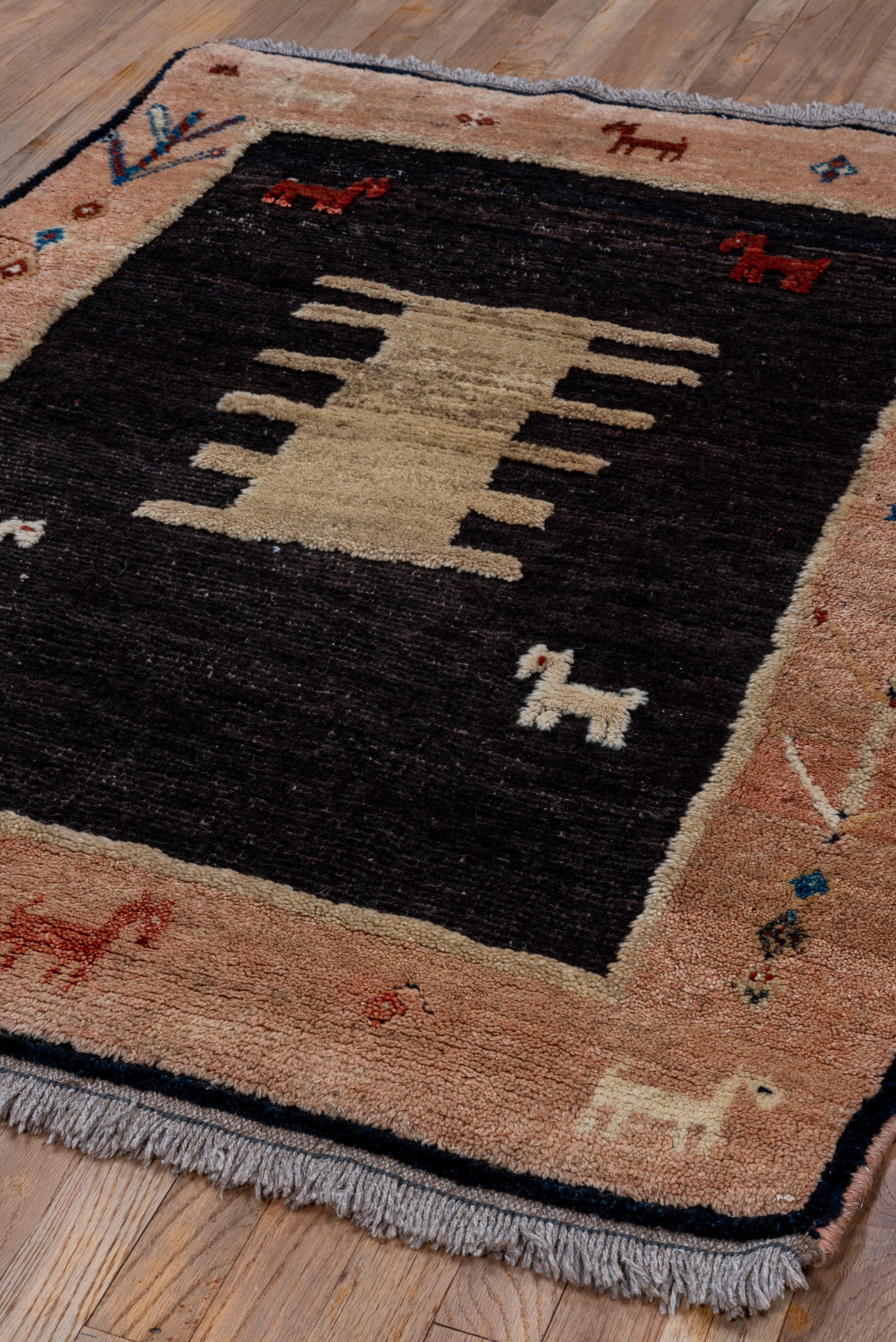 Mid-20th Century Pictorial Persian Gabbeh Rug, Charcoal Field, Peach Borders In Good Condition For Sale In New York, NY