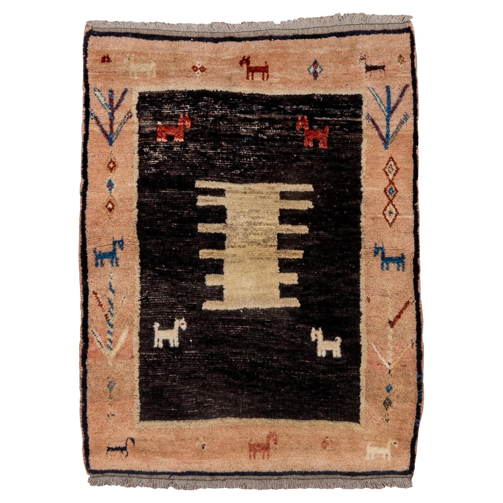Mid-20th Century Pictorial Persian Gabbeh Rug, Charcoal Field, Peach Borders For Sale