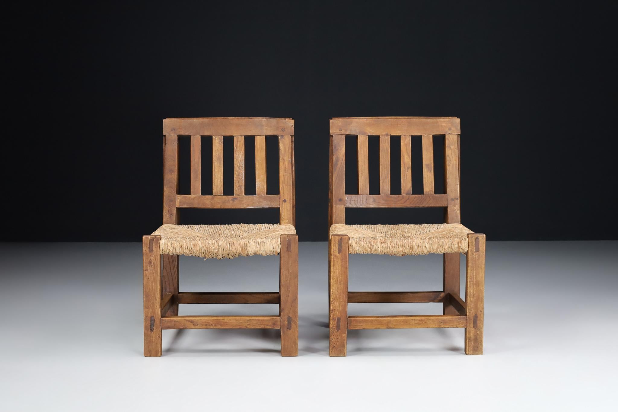 Mid-Century Modern Mid-20TH Century Pinewood and Rush Chairs, France 1950s