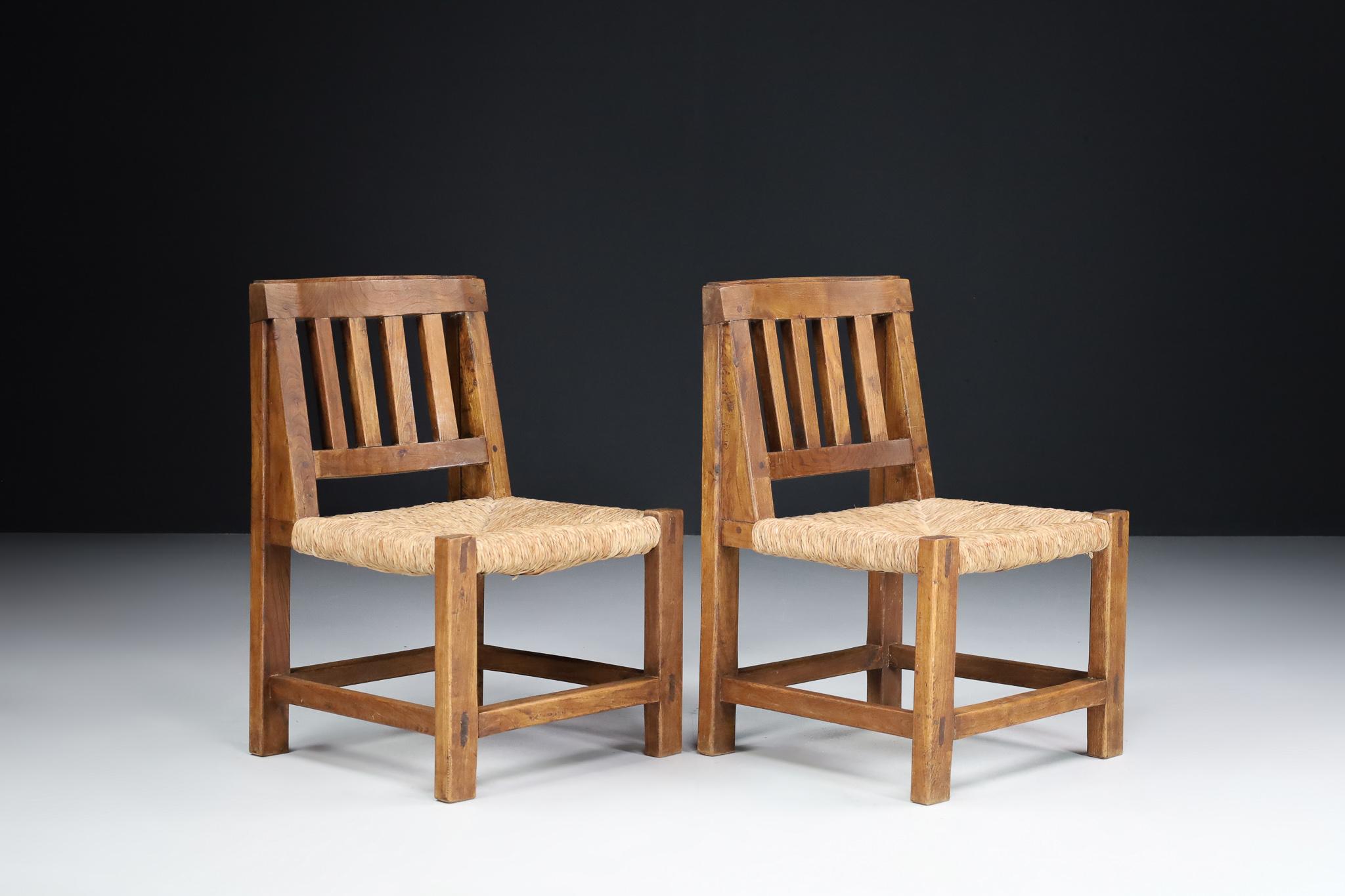 French Mid-20TH Century Pinewood and Rush Chairs, France 1950s