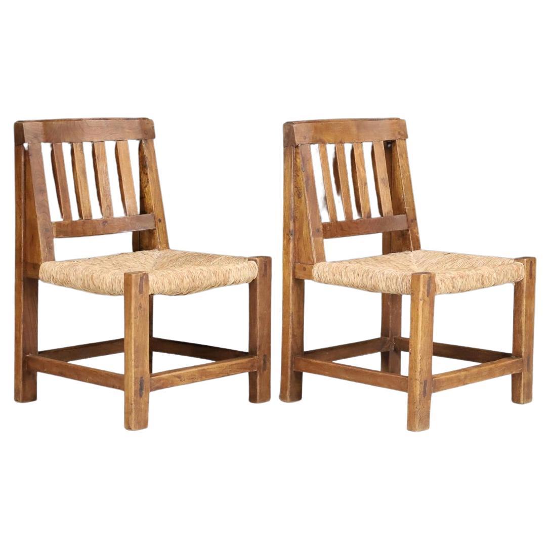 Mid-20TH Century Pinewood and Rush Chairs, France 1950s