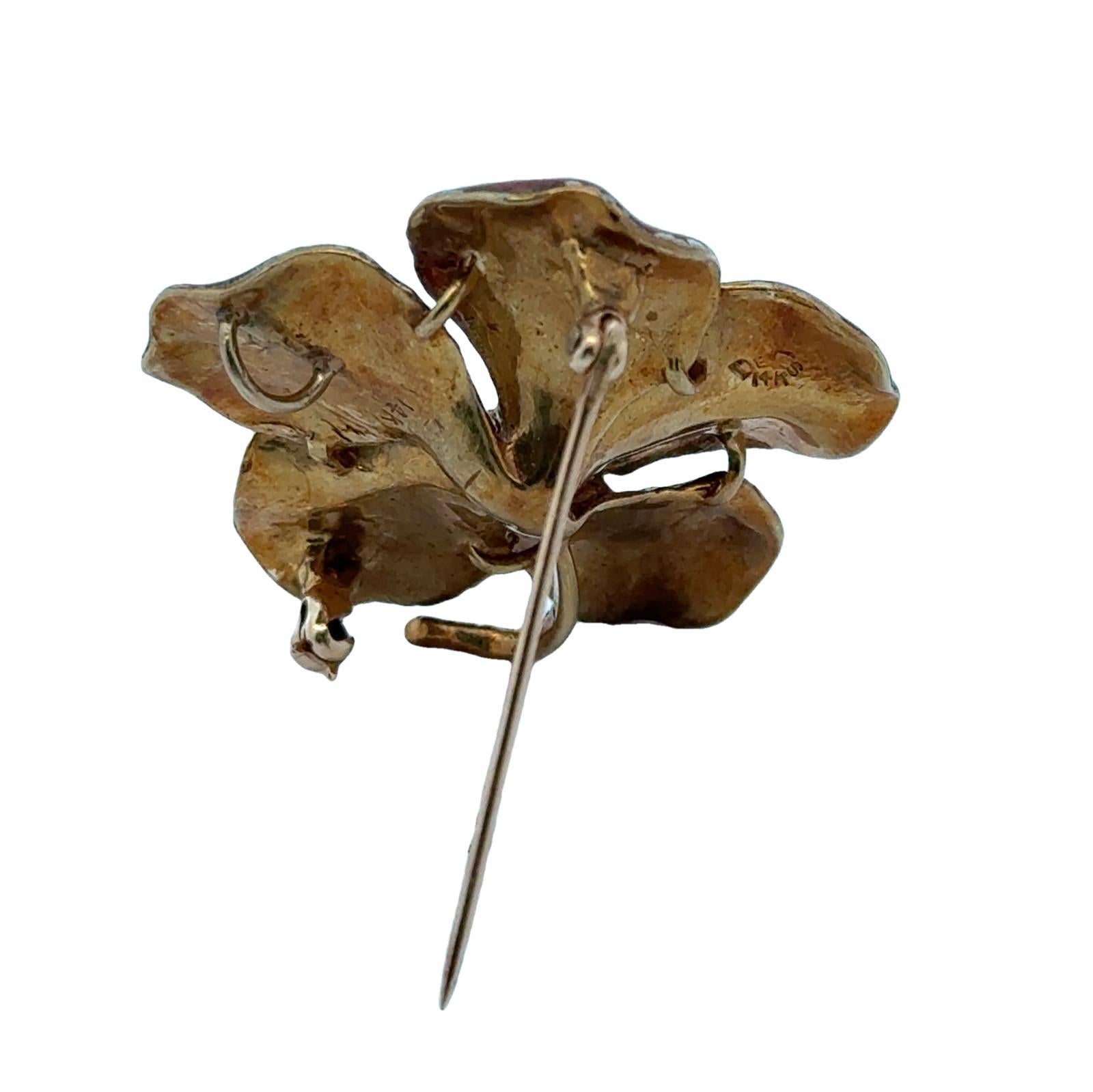 Brilliant Cut Mid-20th Century Pink Enamel Diamond 14KY Gold Pansy Floral Brooch For Sale