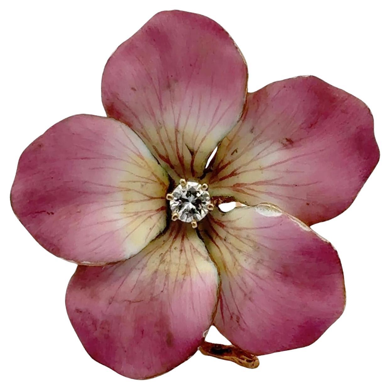 Mid-20th Century Pink Enamel Diamond 14KY Gold Pansy Floral Brooch