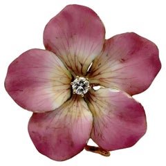 Mid-20th Century Pink Enamel Diamond 14KY Gold Pansy Floral Brooch