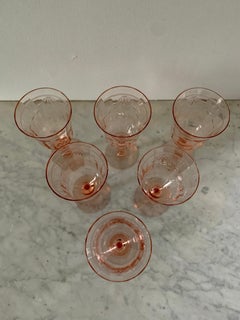 Mid-20th Century Pink Etched Wine Glasses, Set of Six