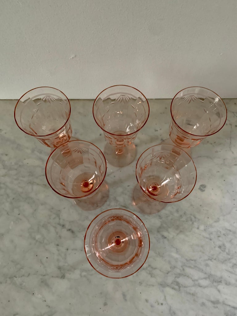 Mid20th Century Pink Etched Wine Glasses, Set of Six For Sale at 1stDibs