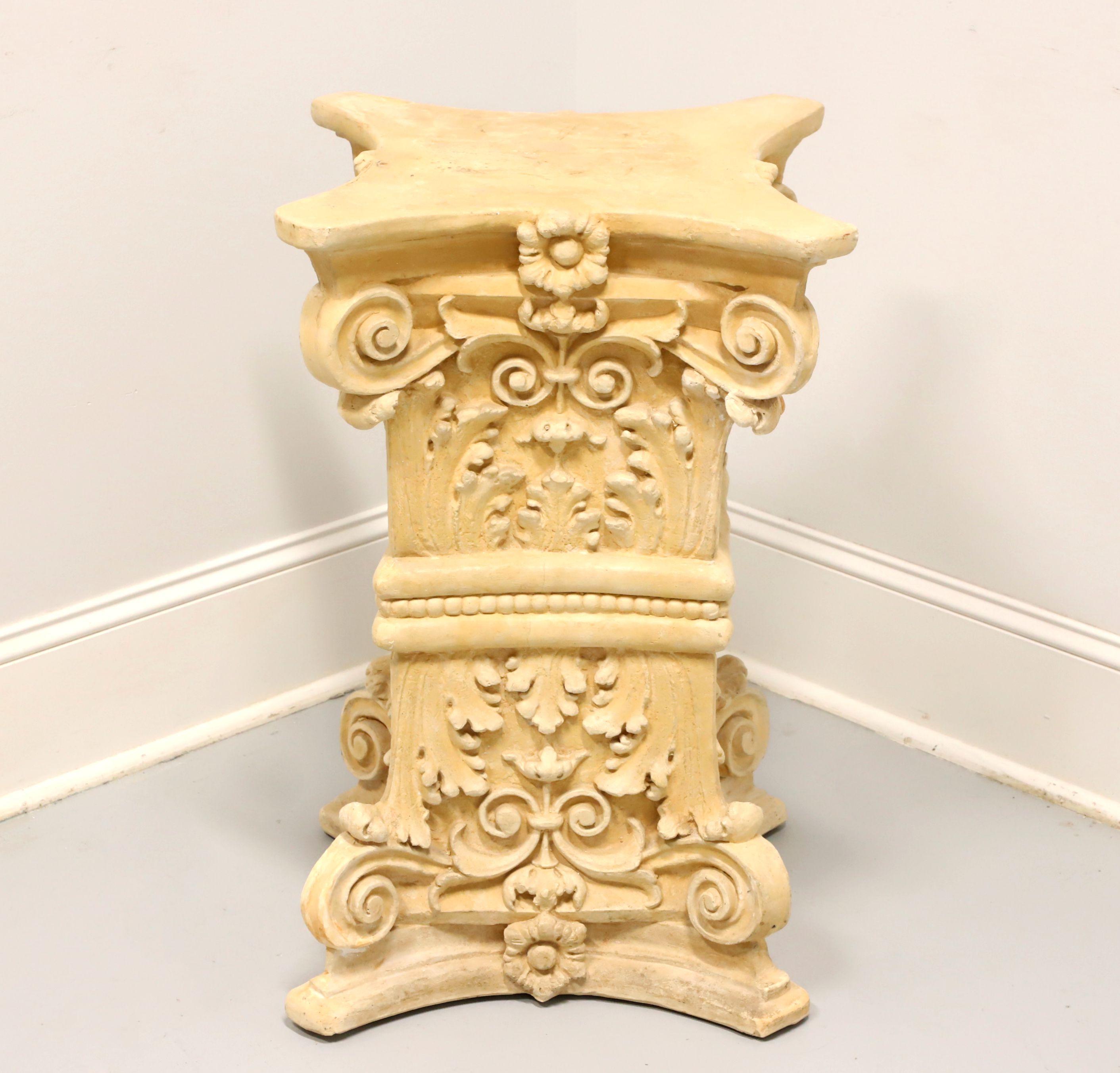 A Neoclassical style plaster table base, unbranded. Ornately sculpted plaster in a Corinthian column design. Ready for your style of glass table top, ideally 34