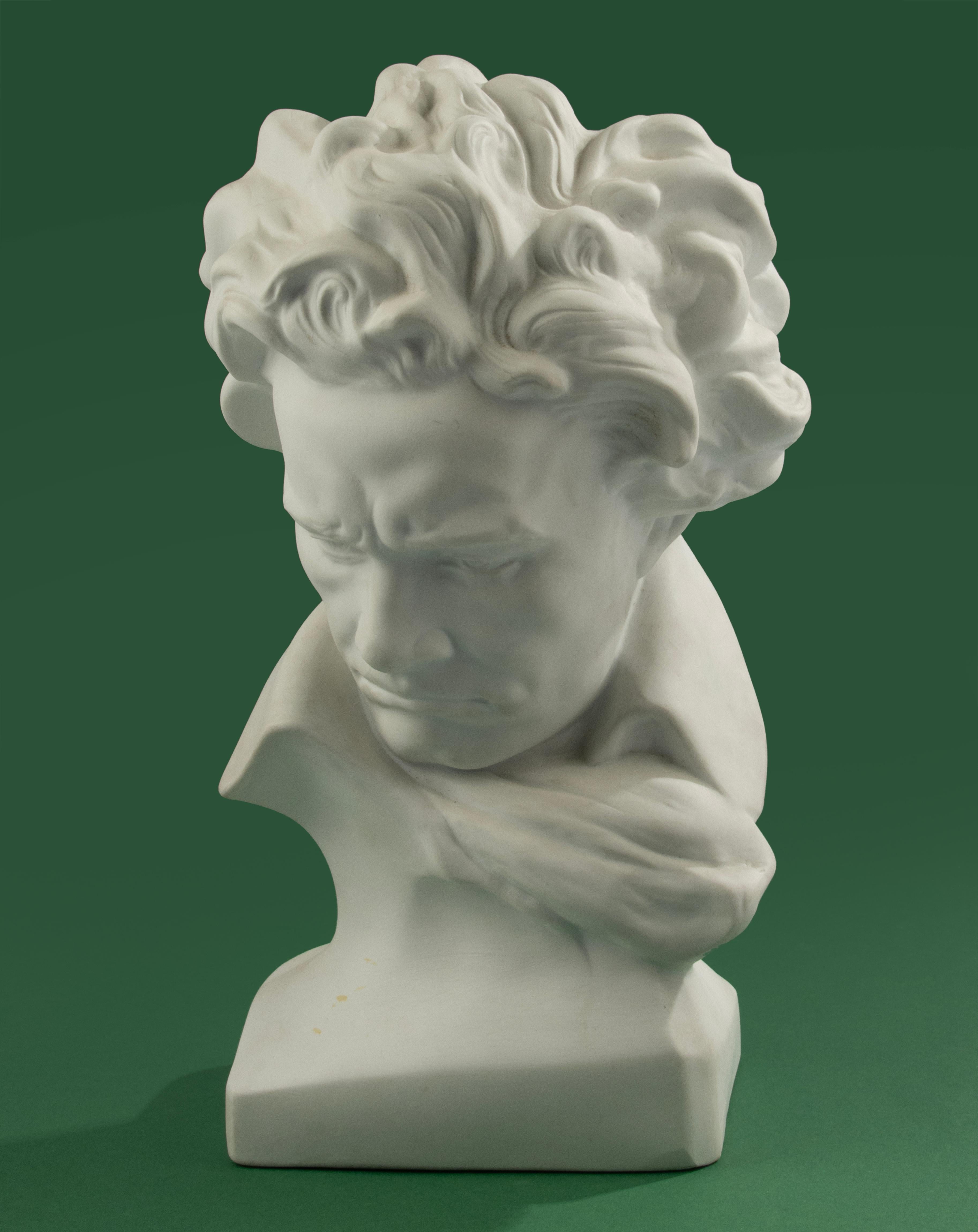 A beautiful porcelain bust of Beethoven, made by the French brand Limoges.
The statue is made of white biscuit porcelain. That is unglazed porcelain. The statue has a beautiful expressive appearance, unmistakably Beethoven.
The statue is marked on