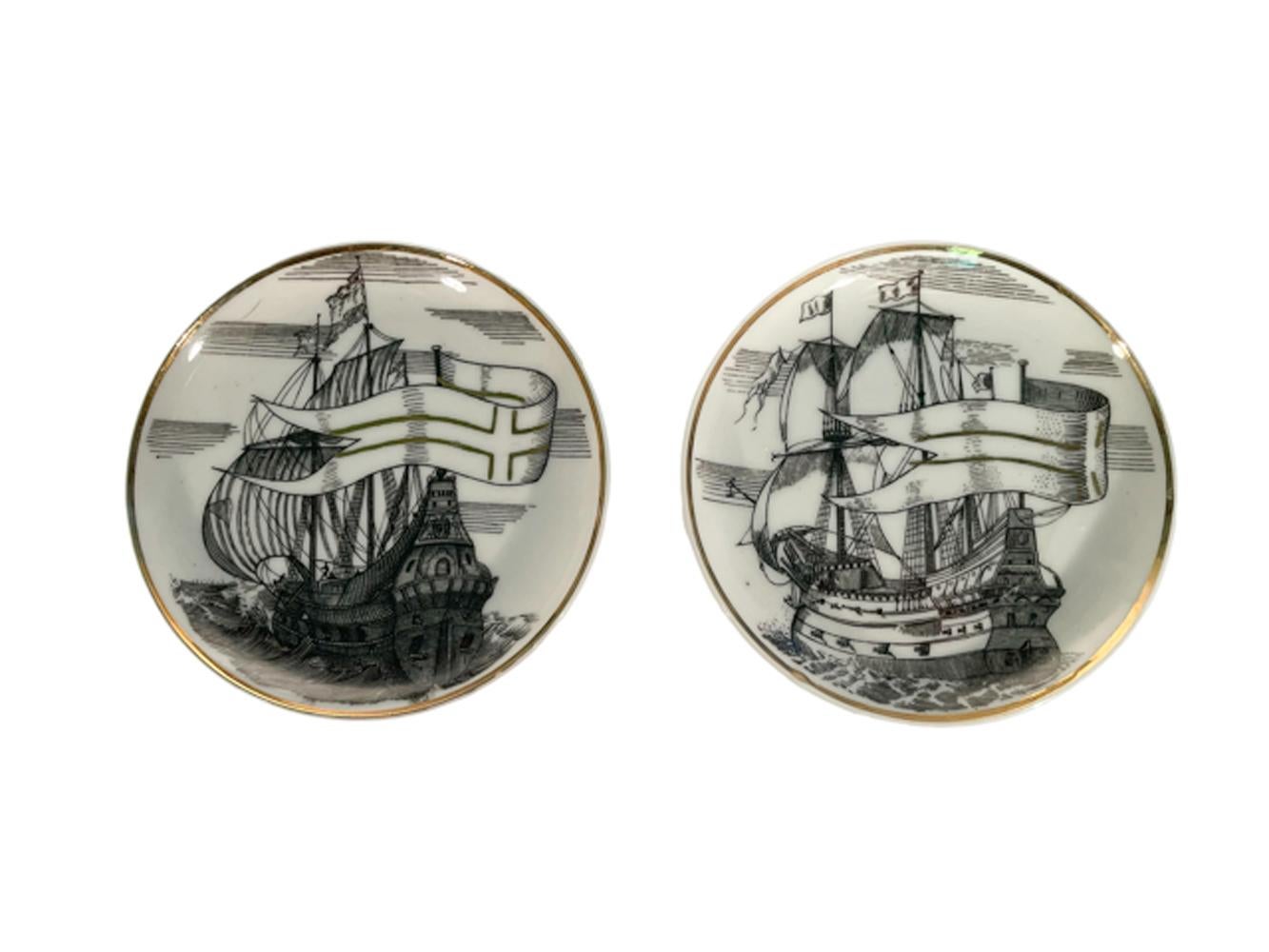 Mid-Century Modern Mid-20th Century Porcelain Drink Coasters, Sailing Ships in Black W/Gold Accents For Sale