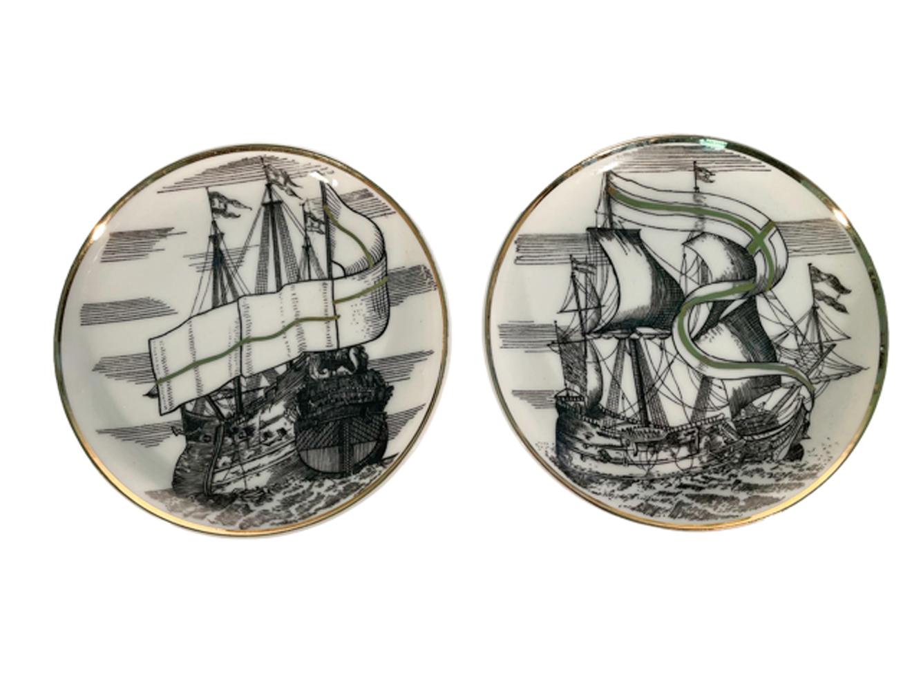 Japanese Mid-20th Century Porcelain Drink Coasters, Sailing Ships in Black W/Gold Accents For Sale
