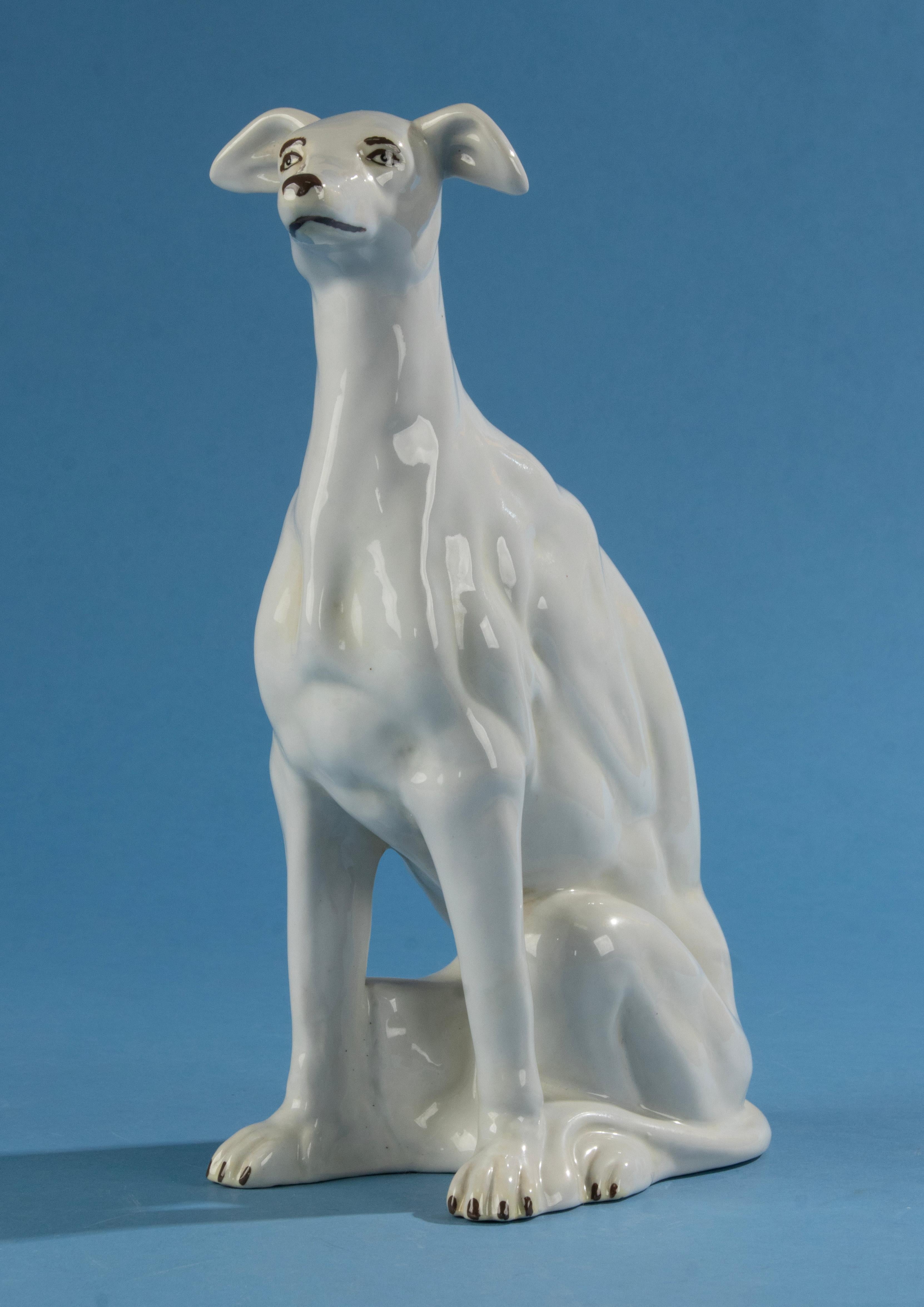 A beautiful porcelain figurine of a greyhound. 
The figurine is not marked, maker unknown. Probably Italian. 
The figurine has a beautiful colour and very nice details in the anatomy of the dog. 

The figurine is 30 cm tall. 
Free shipping Worldwide 