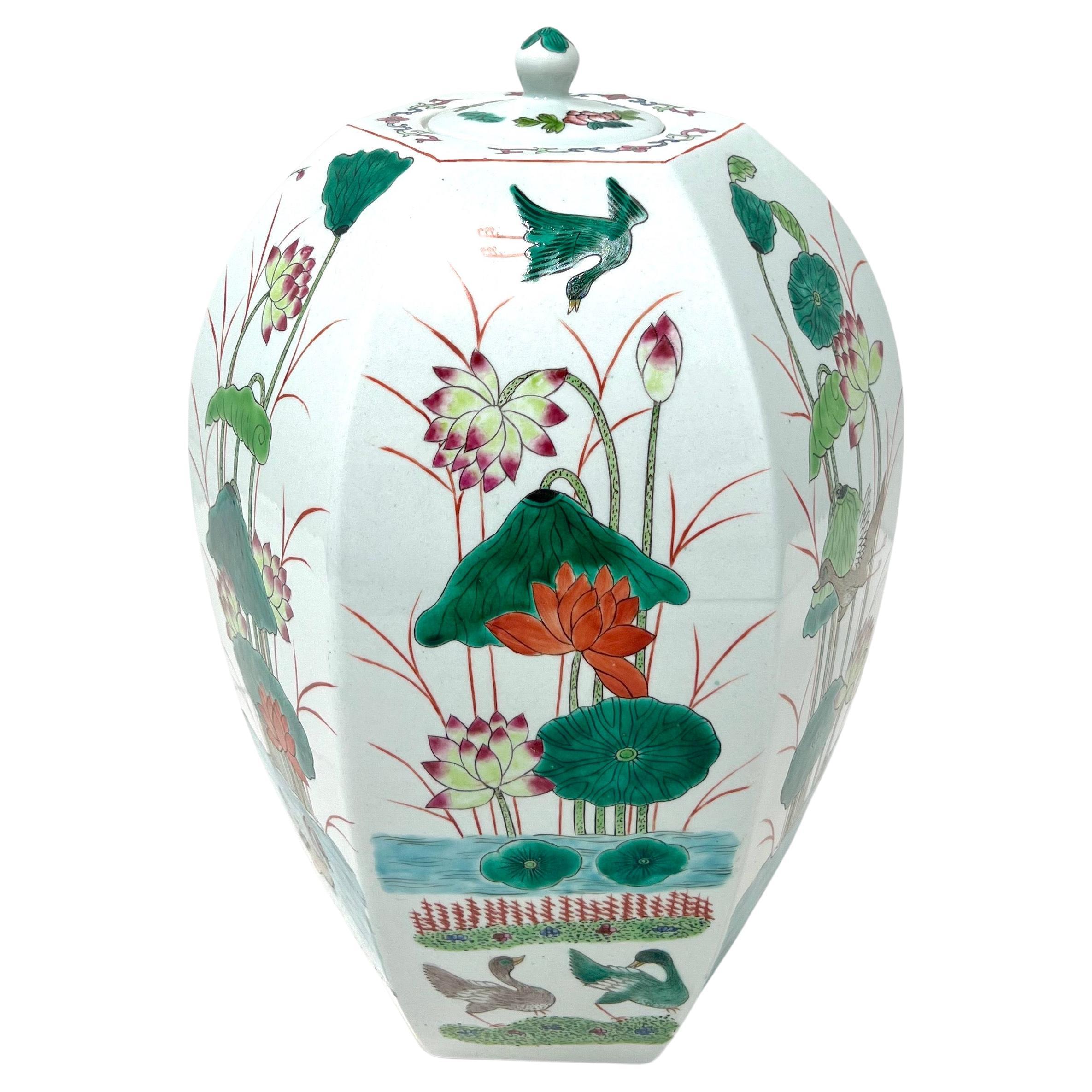 Mid 20th Century Porcelain Hand Painted Asian Ginger Jar