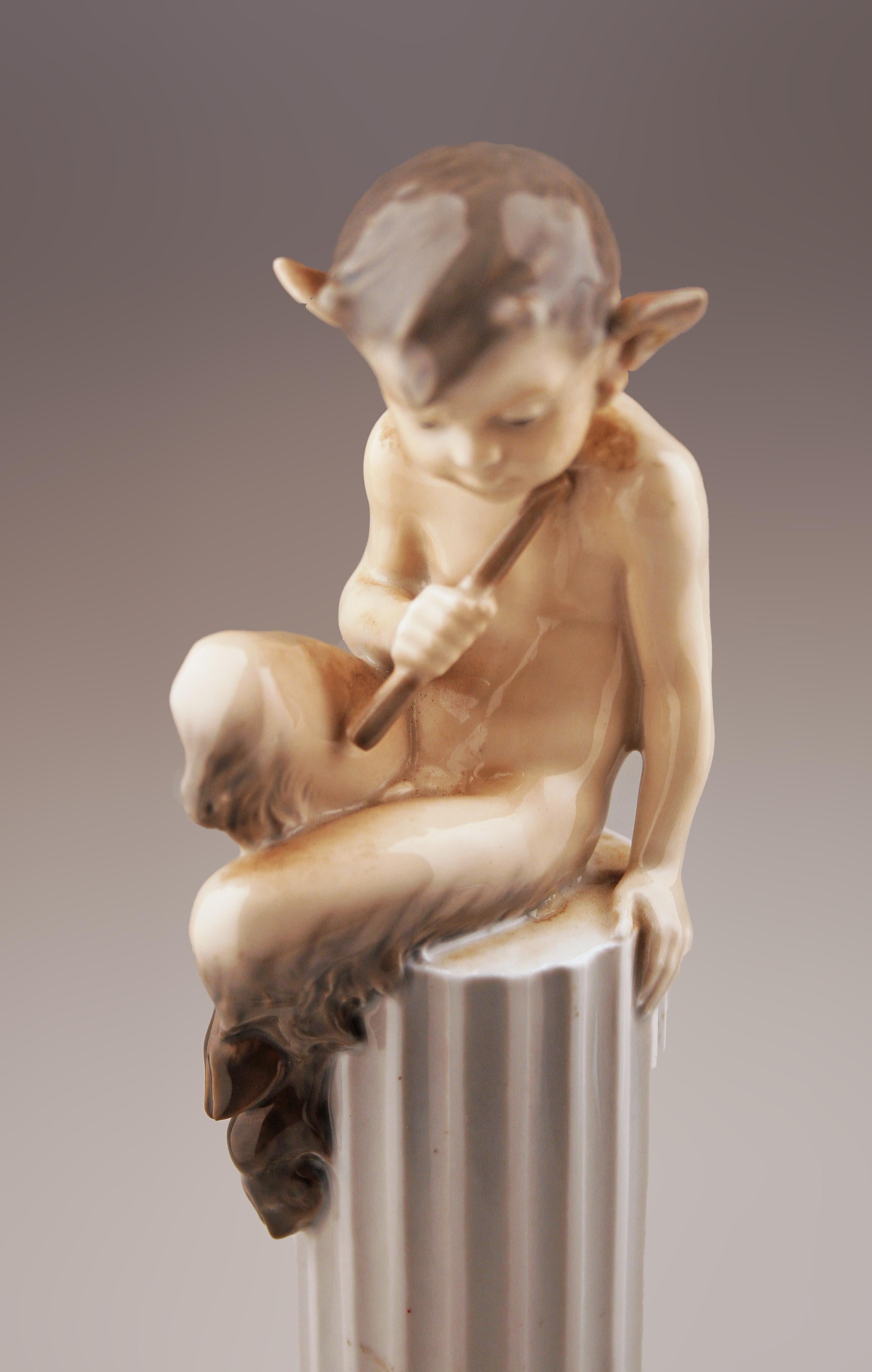 Painted Mid-20th Century Porcelain Sculpture of Faun and a Rabbit by Royal Copenhagen For Sale