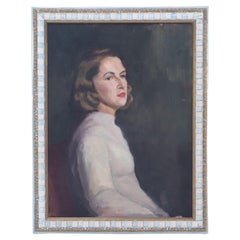 Mid 20th Century Portrait Painting of a Woman in White Sweater, Framed