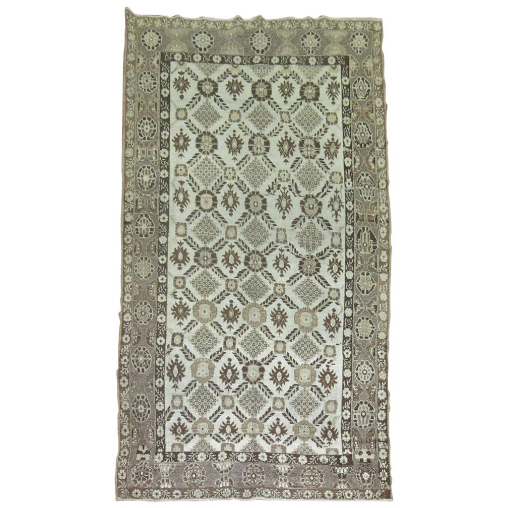 Mid-20th Century Primitive Hand Knotted White and Brown Turkish Anatolian Rug