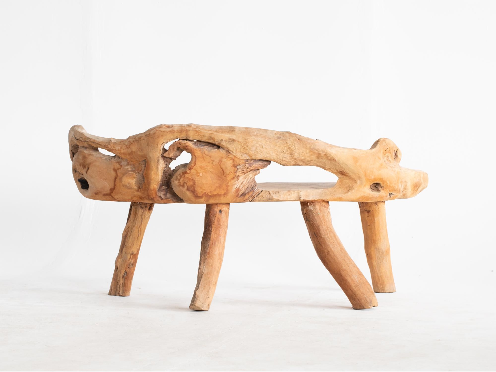 French Mid 20th Century Primitive Teak Root Bench For Sale