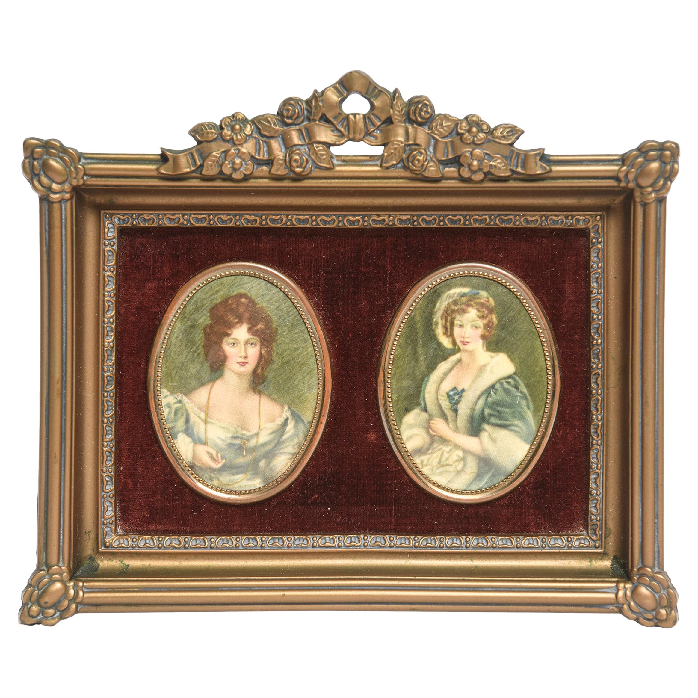 Mid-20th Century Print Portraits in Floral Gold Frame