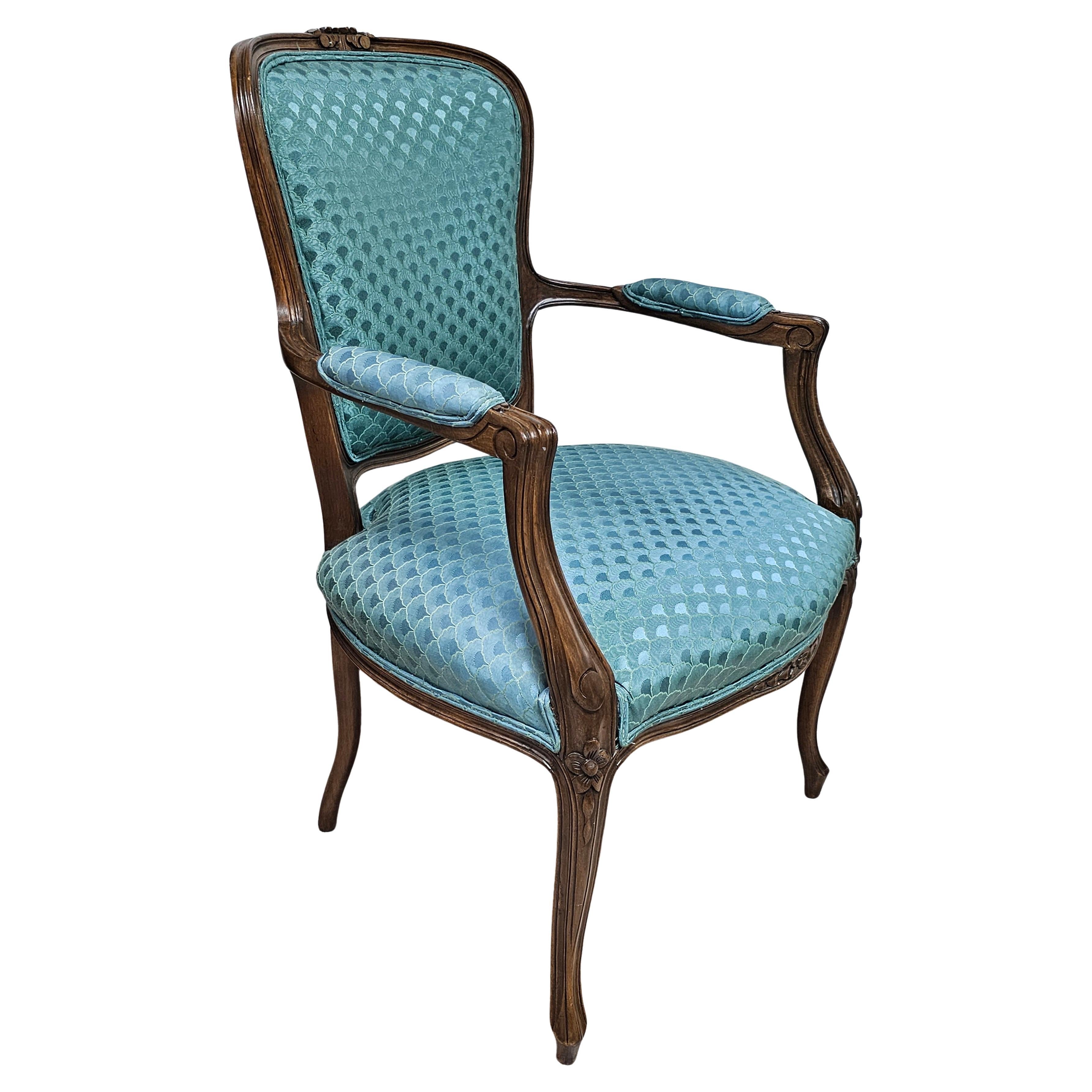 Mid 20th Century Provincial Carved Walnut and Upholstered Fauteuil
