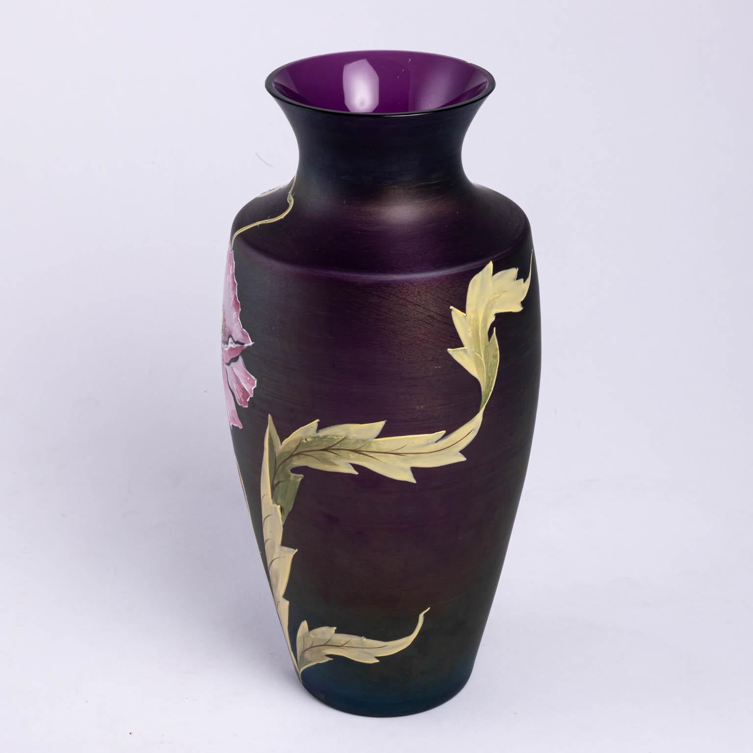 Mid-20th Century Purple Enameled Art Glass Vase In Good Condition In Stamford, CT