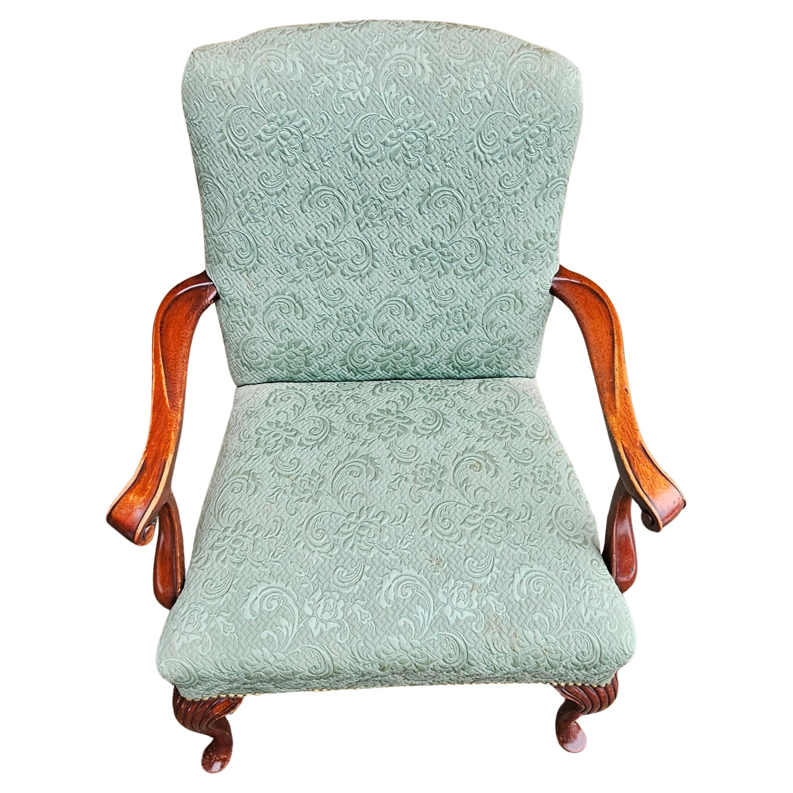 American Mid 20th Century Queen Anne Style Mahogany Upholstered Armchair For Sale