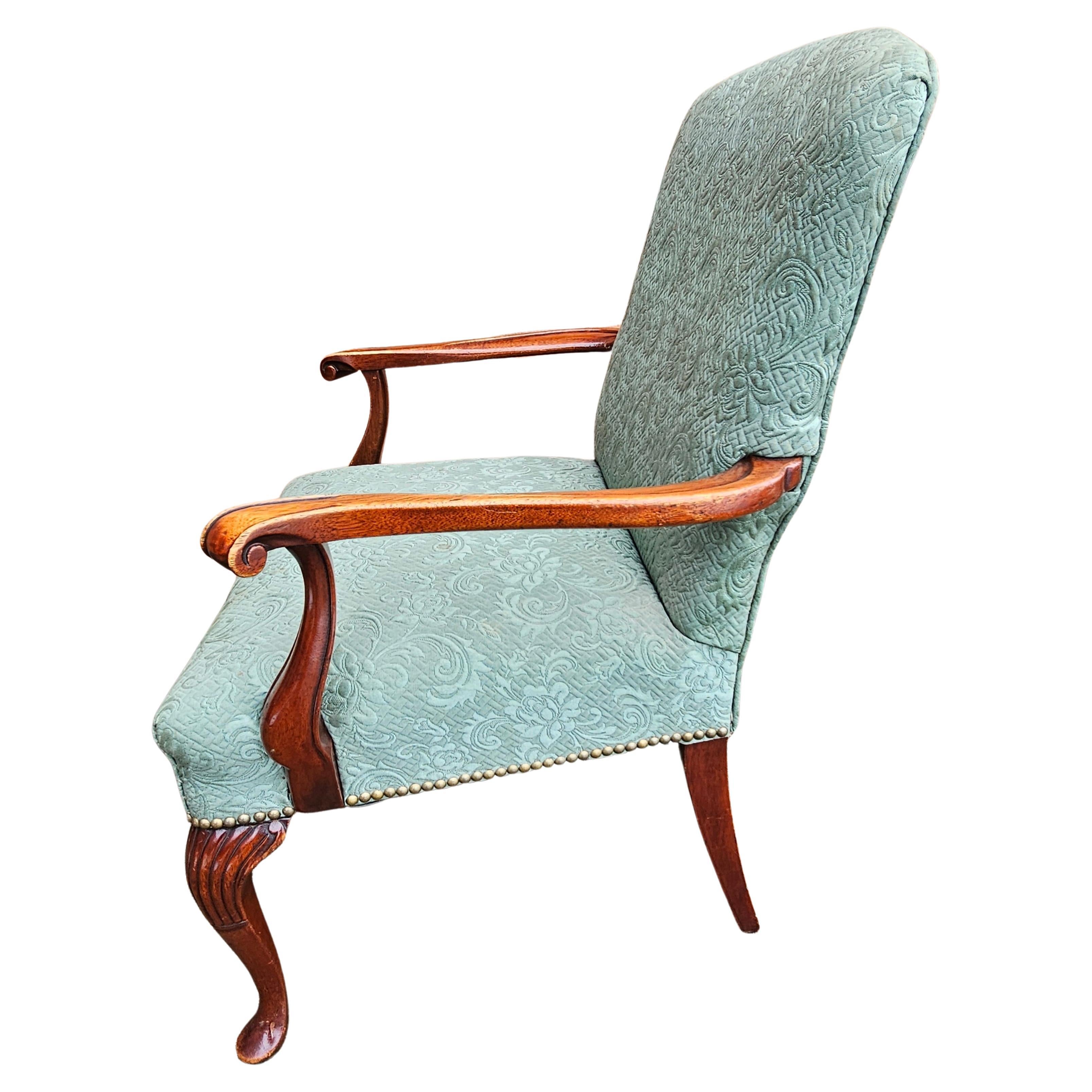 Mid 20th Century Queen Anne Style Mahogany Upholstered Armchair In Good Condition For Sale In Germantown, MD