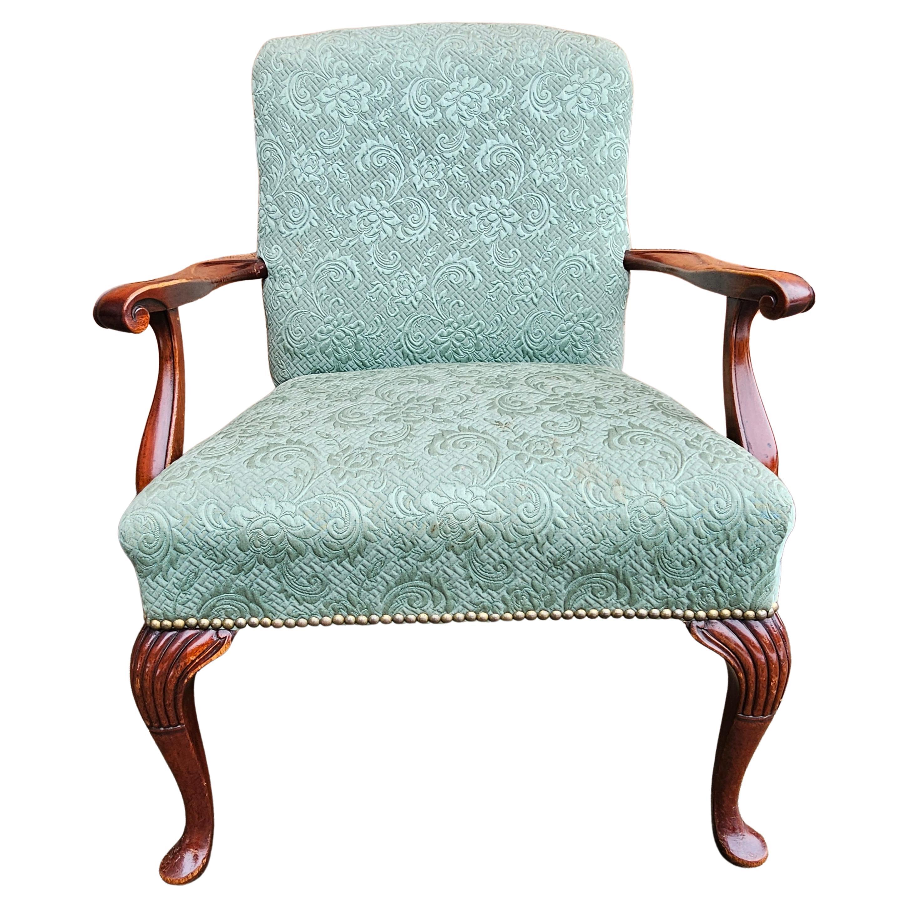 Mid 20th Century Queen Anne Style Mahogany Upholstered Armchair For Sale