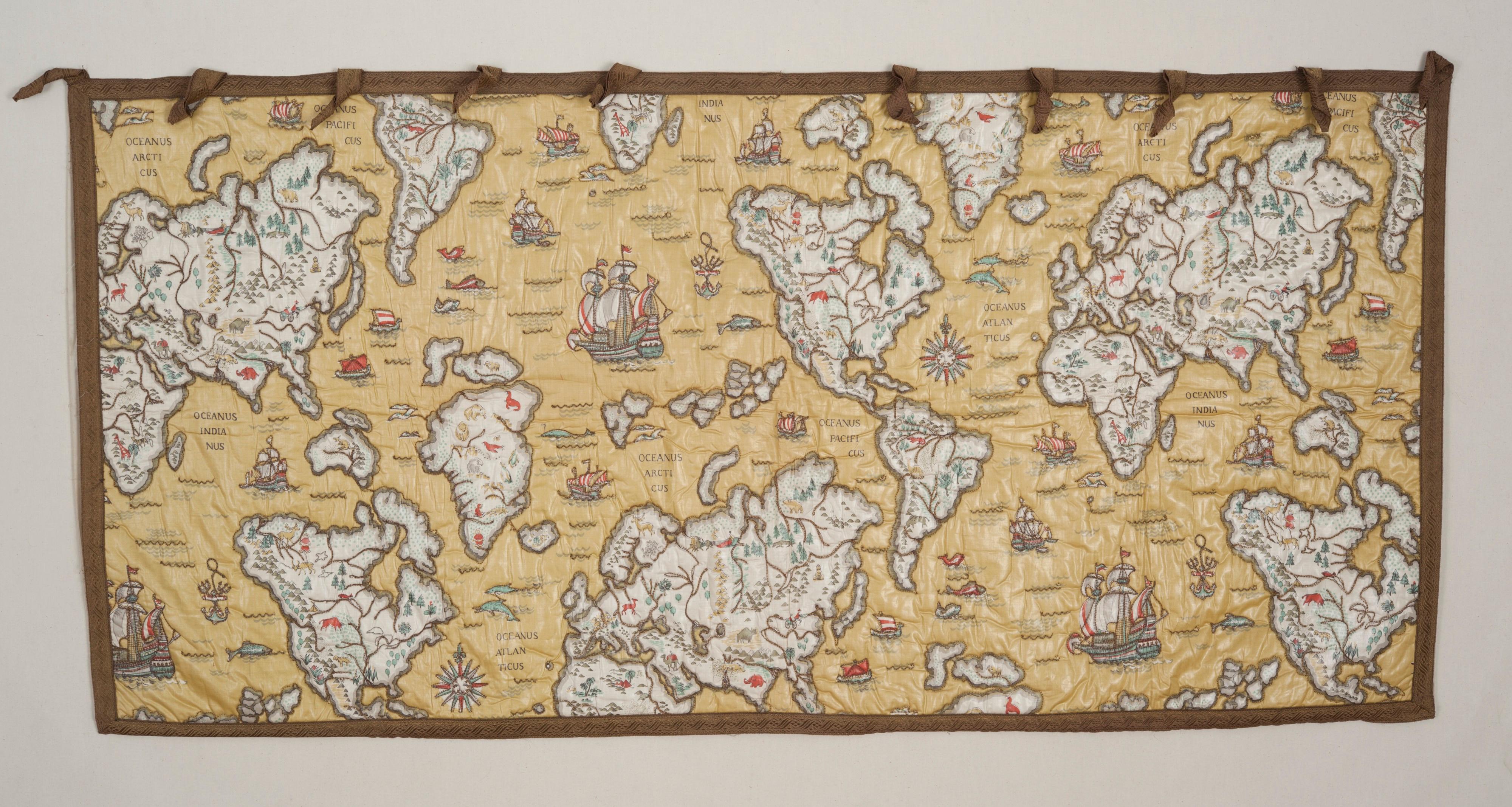 English Mid-20th Century Quilted and Embroidered Map Wall Hanging For Sale