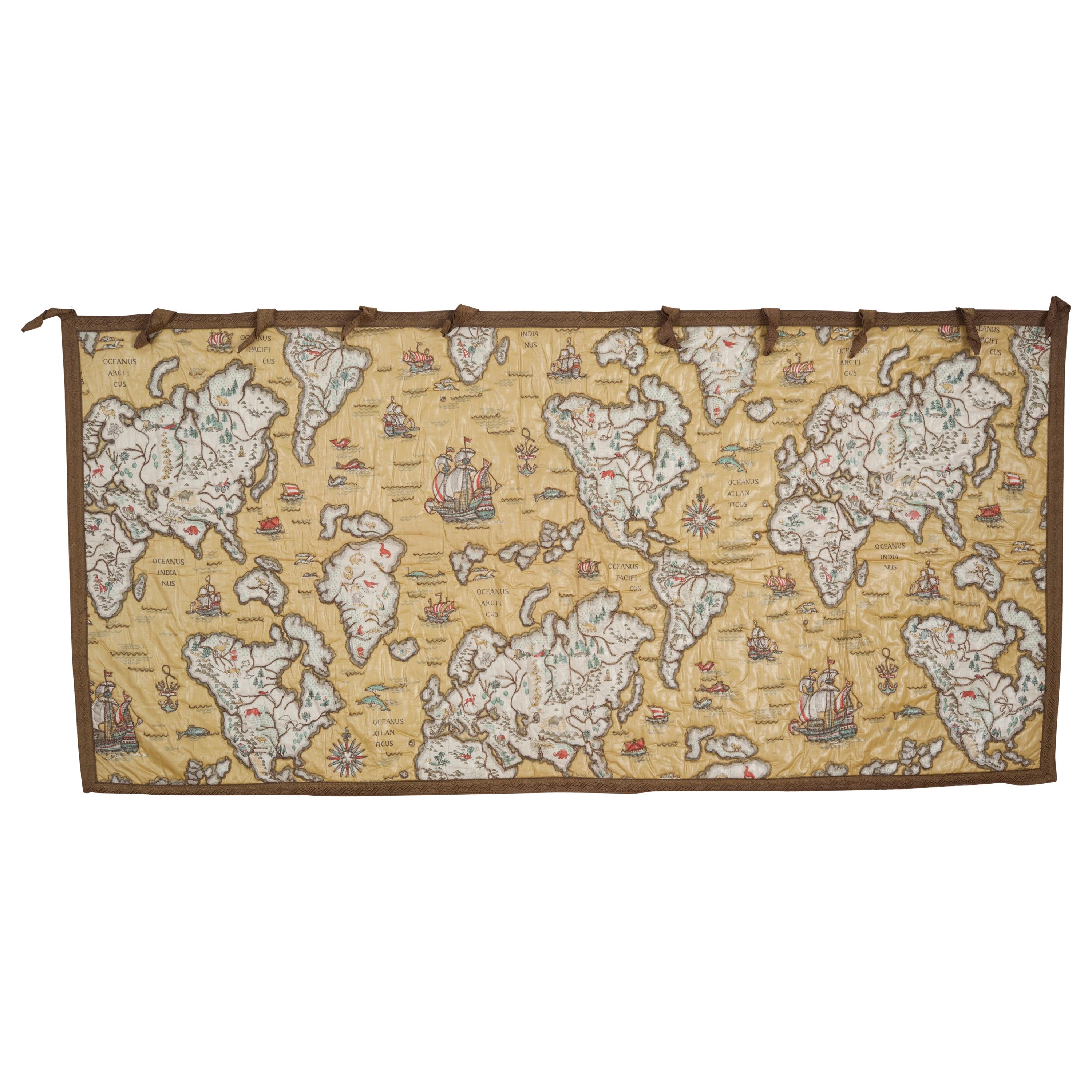 Mid-20th Century Quilted and Embroidered Map Wall Hanging For Sale