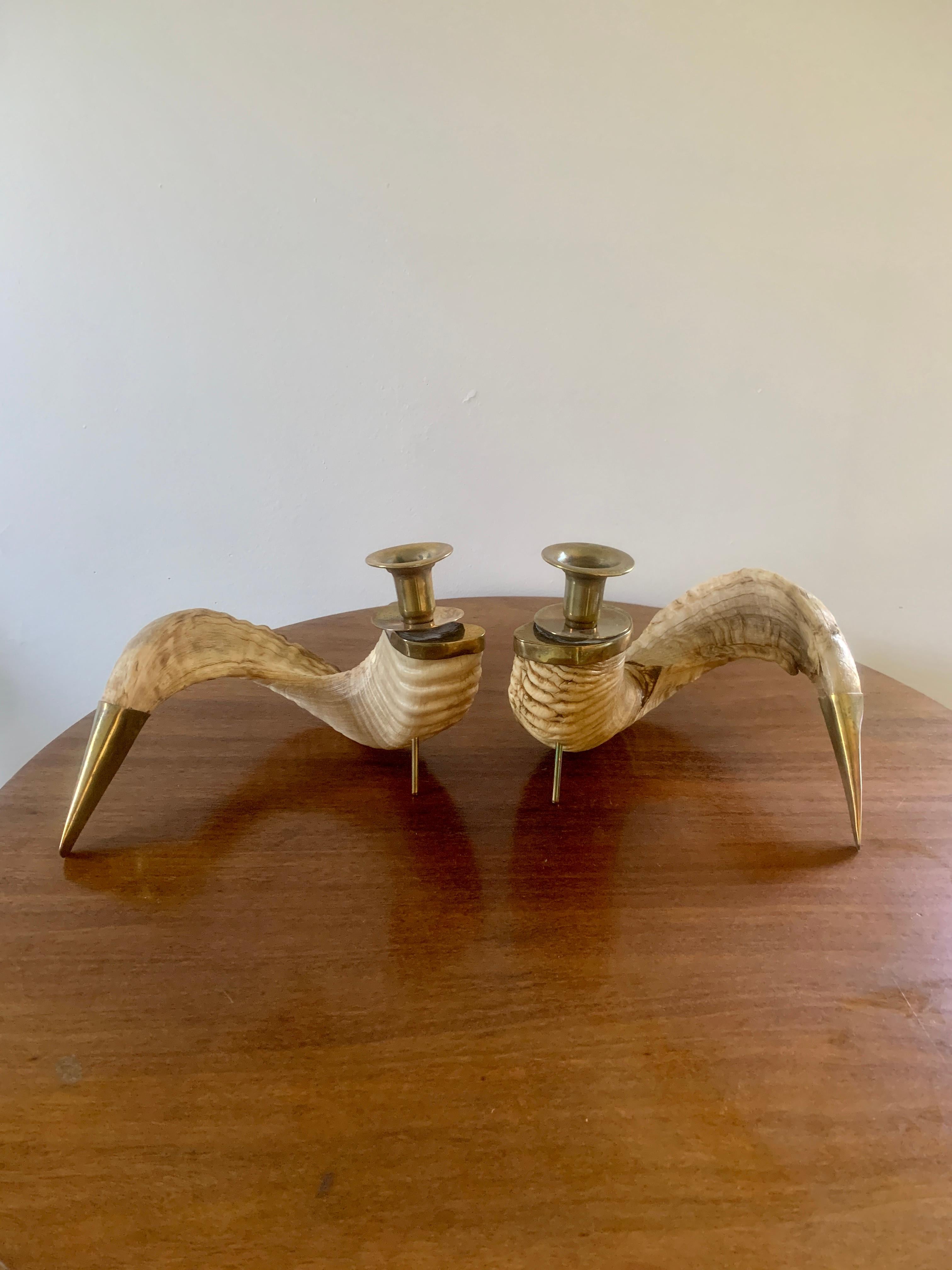 A stunning pair of ram's horn candle holders

USA, Circa 1970s

Ram horn, with brass mounts.

Measures: 10.5