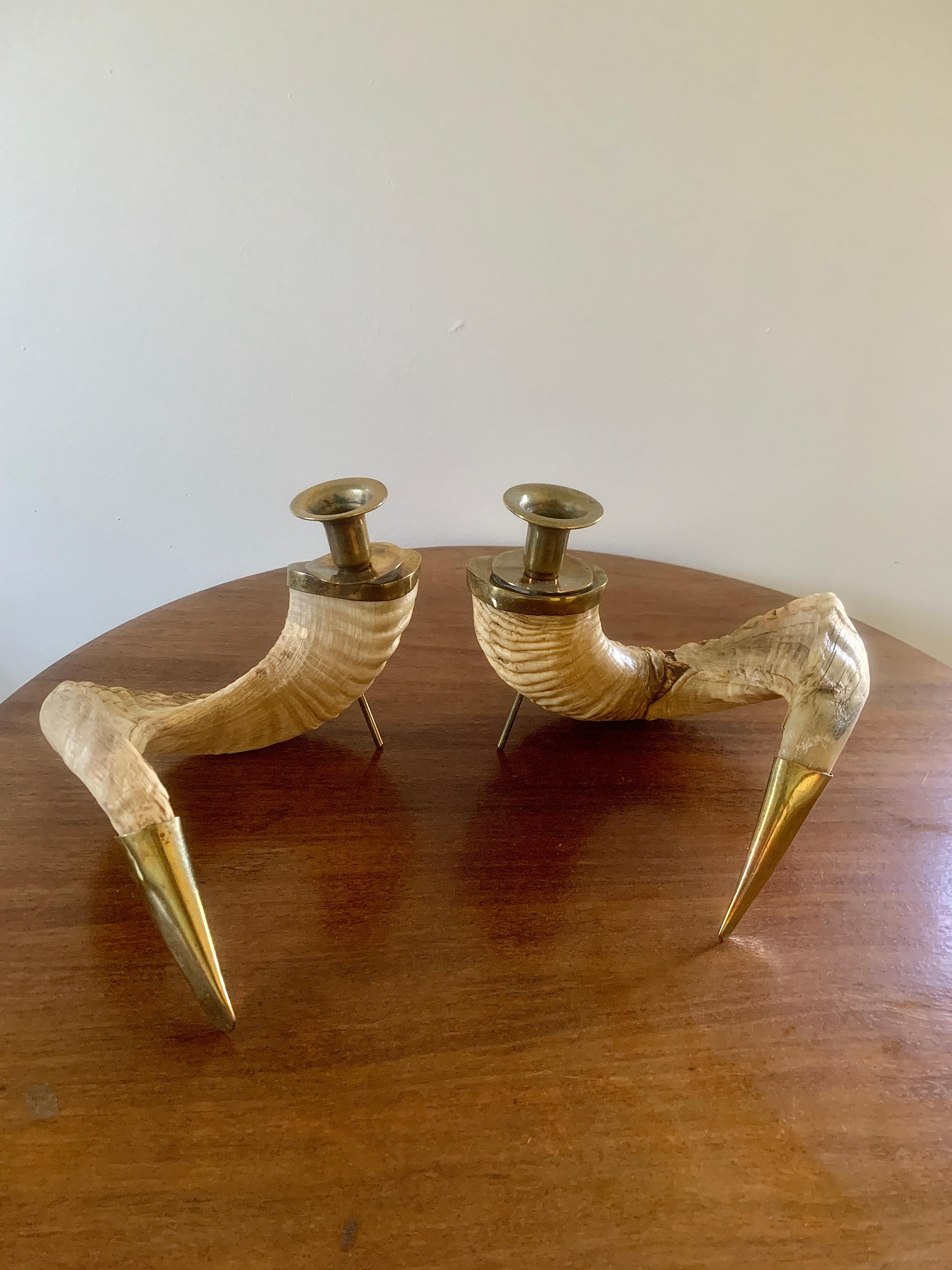 American Mid-20th Century Rams Horn Candle Holders, Pair