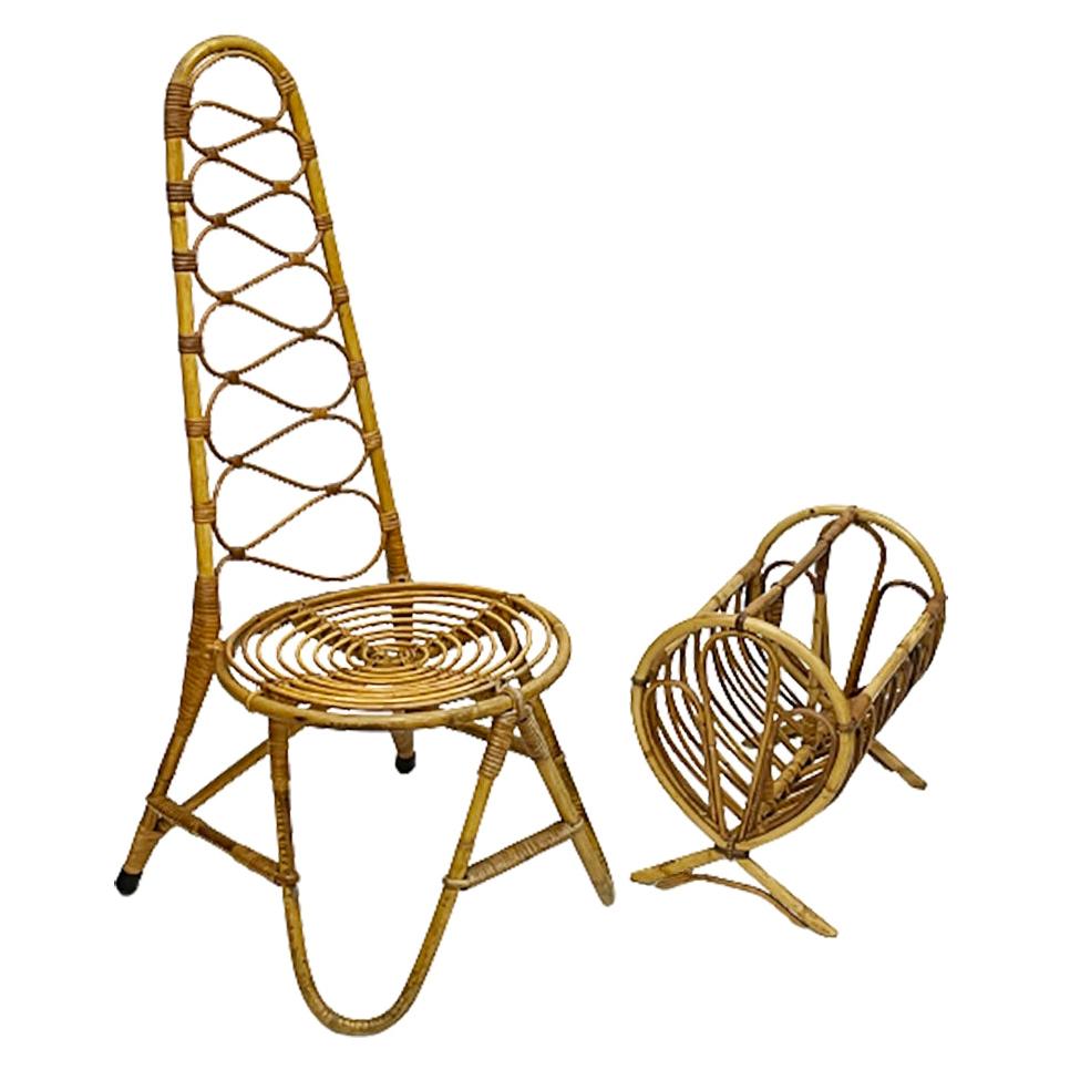 Mid-20th Century rattan and bamboo set of a chair and a magazine rack For Sale