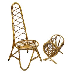 Mid-20th Century rattan and bamboo set of a chair and a magazine rack